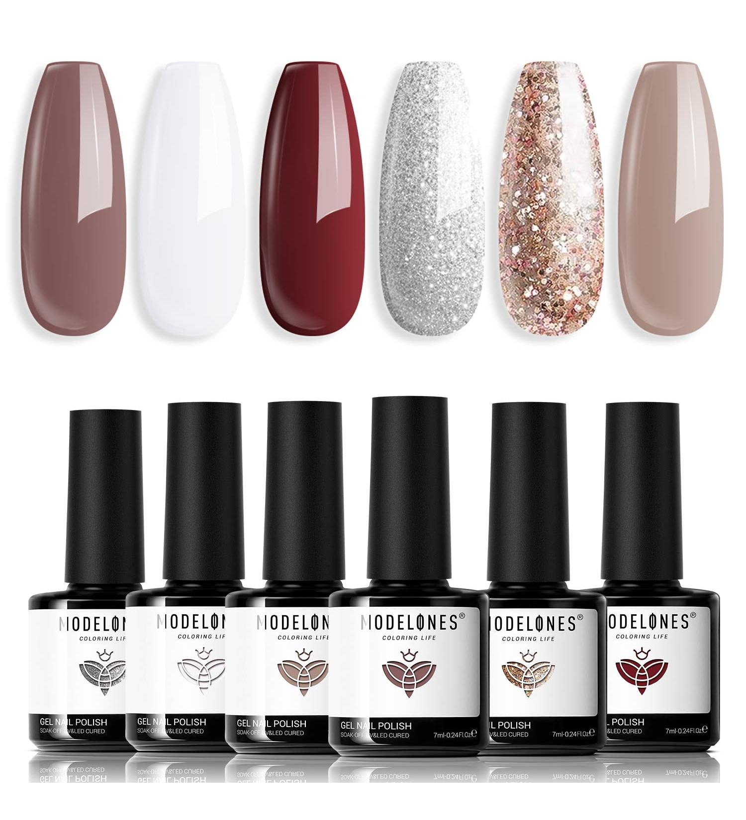 Modelones Gel Nail Polish 6 Colors Nude Gel Polish Pure White Glitter Brown Burgundy Red Champagne Gold Silver Fall Winter Nail Art Design Kit Basic Soak Off U V Gel Manicure DIY Salon at Home Gifts Nude White - Buy Online on GoSupps.com