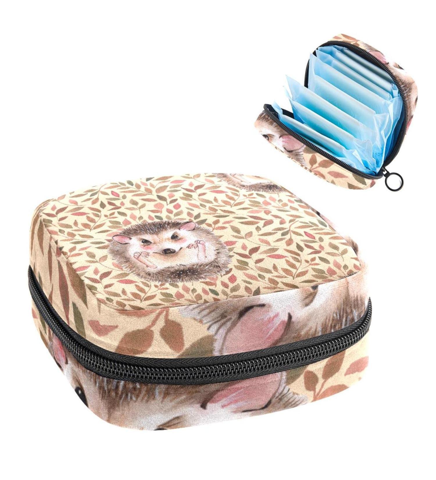 Shop Beautiful Women's Tapes Storage Bag - Portable Menstrual Pad & Tampon Organizer for Teens & Women - Colorful Hedgehogs & Leaves Design - Buy Online on GoSupps.com