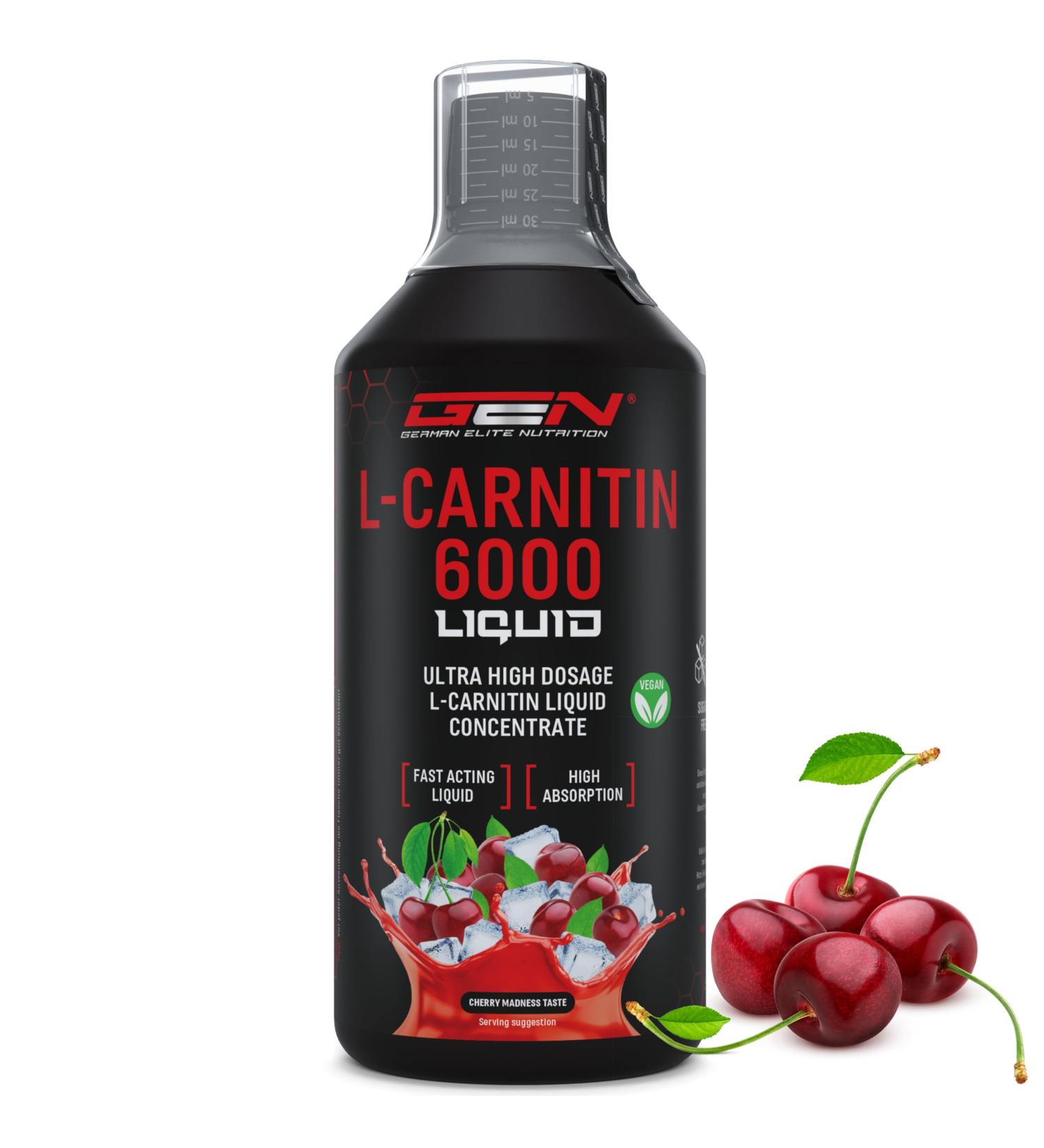 L-Carnitine 6000 Liquid 1000ml - High-Dose 6000mg Amino Workout Drink - Vegan Cherry Madness Flavor - Best International Shipping - Buy Online on GoSupps.com