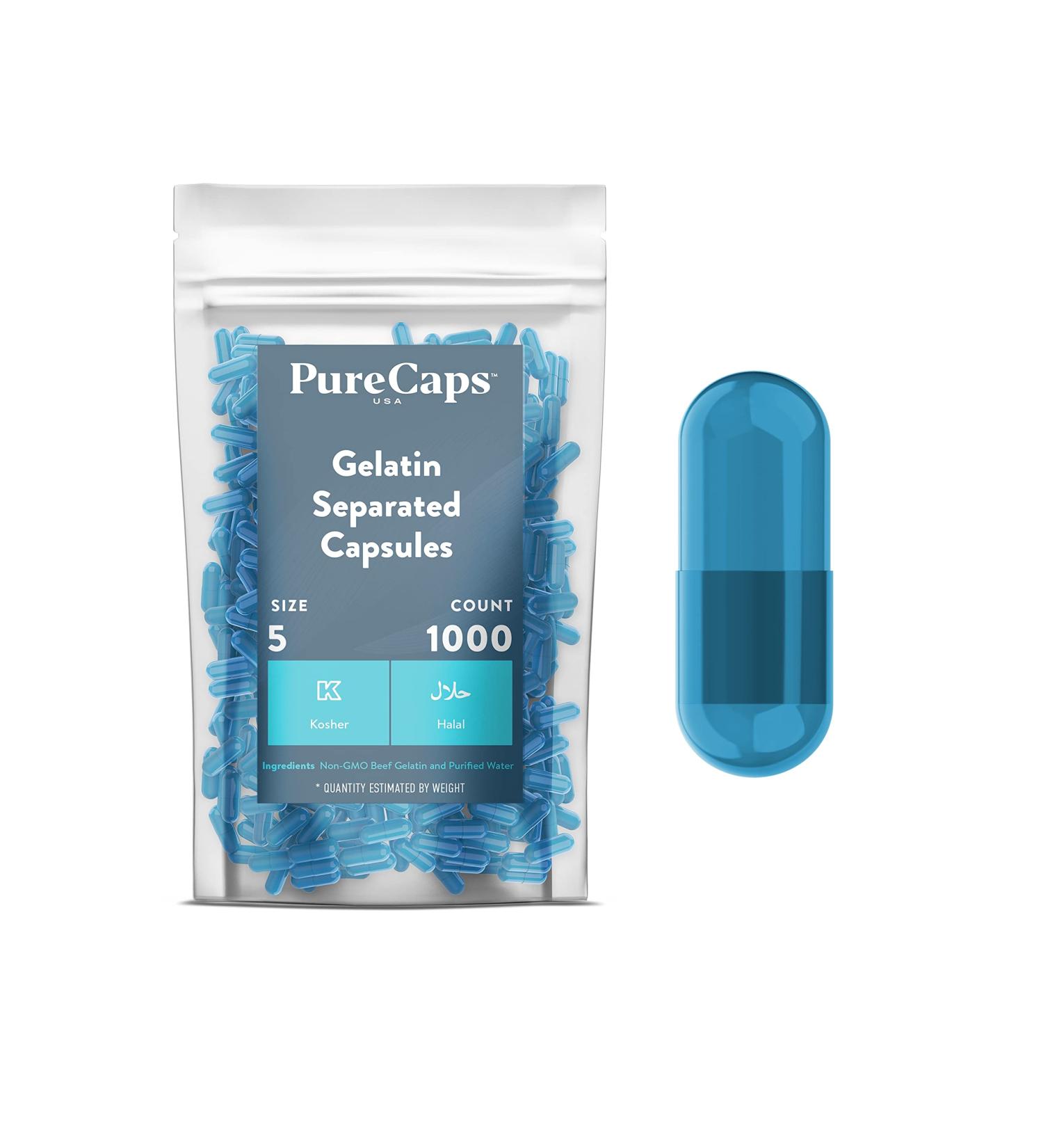 Purecaps USA Size 5 Empty Blue Gelatin Capsules - 1000 Fast Dissolving & Digestible - Preservative Free Natural Ingredients - Bulk Pack of 1000 - Buy Online on GoSupps.com