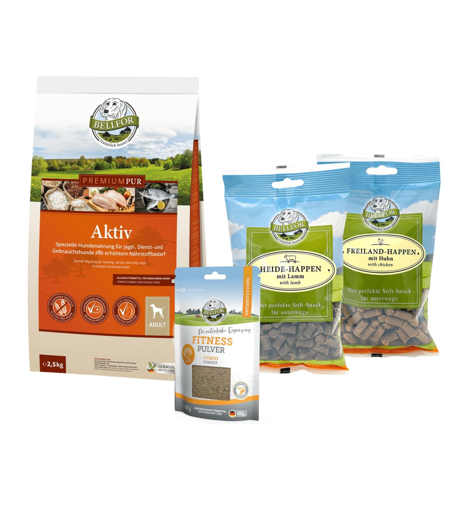 Bellfor Premium PUR Aktiv Dog Food Set for Physically Active Dogs 2.5 kg Fitness Powder 80 g 2 x 200 g - Buy Online on GoSupps.com