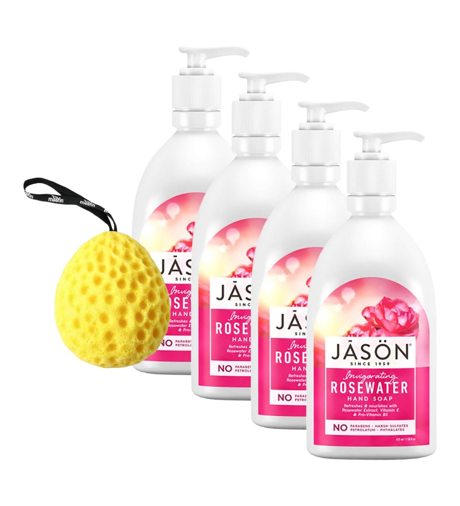 Buy Invigorating Rosewater Hand Soap 16 Oz - Moisturizing & Eco-Friendly Bundle with Bath Sponge | Vitamin E & B5 | Non-Toxic | Pack of 4 - Buy Online on GoSupps.com