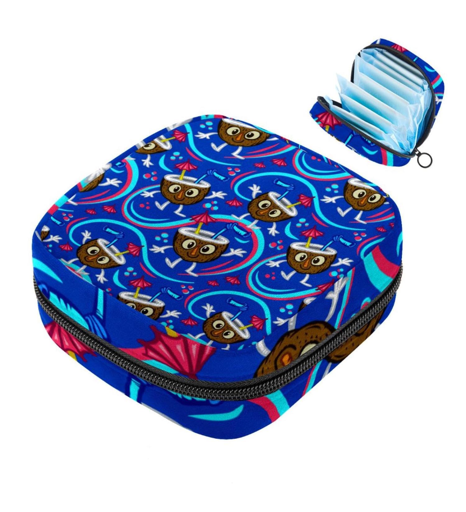 Portable Women's Binding-Storage Bags | Menstrual Cup & Pad Pockets | Ideal for Teen Girls - Dark Blue Tropical Coconut Design - Buy Online on GoSupps.com