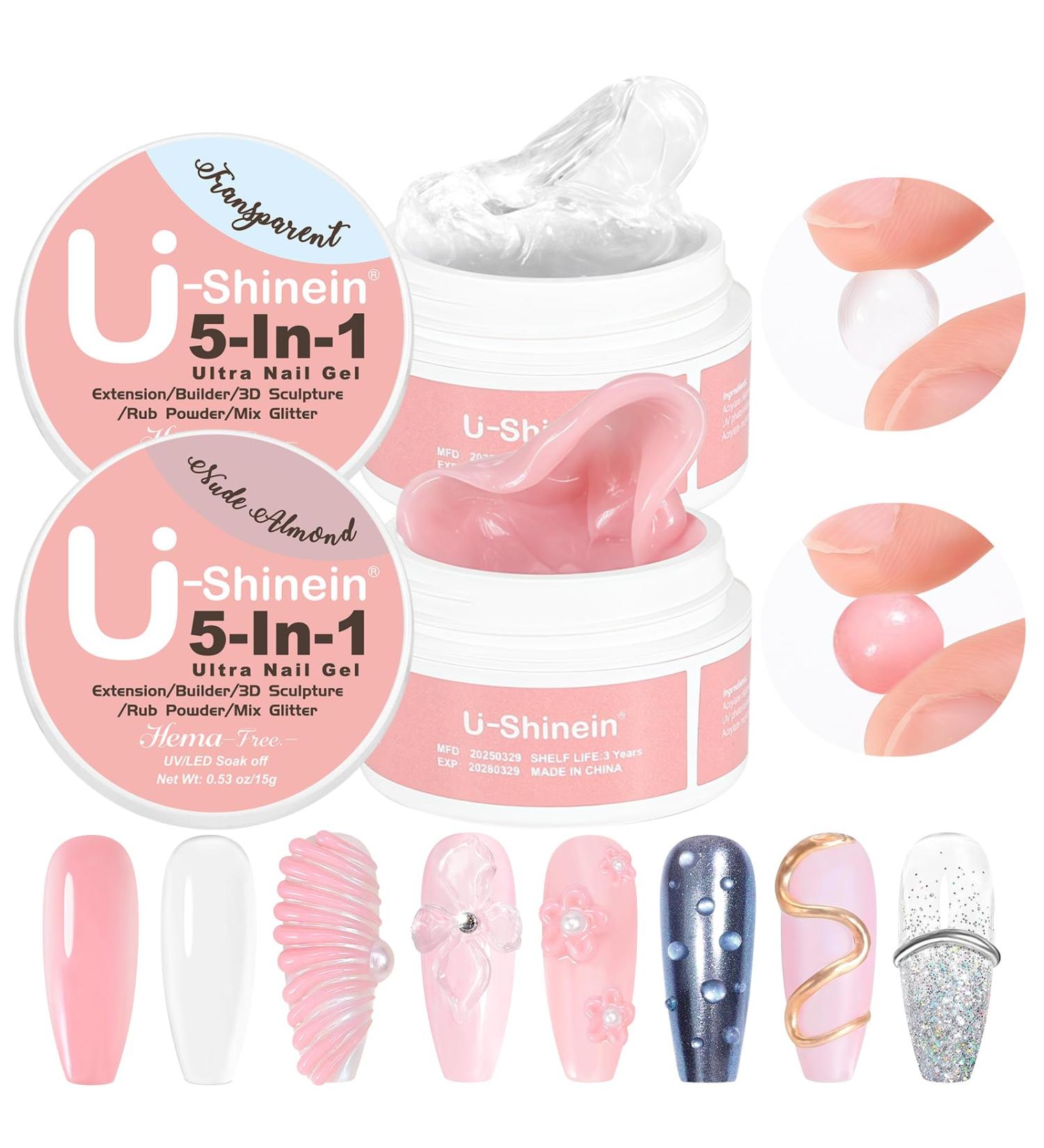  U-Shinein Set of 2 solid nail gels: 5 in 1 - Non-sticky 3D gel for artistic sculpting building and UV/LED nail extensions - Clear + almond nude - Buy Online on GoSupps.com