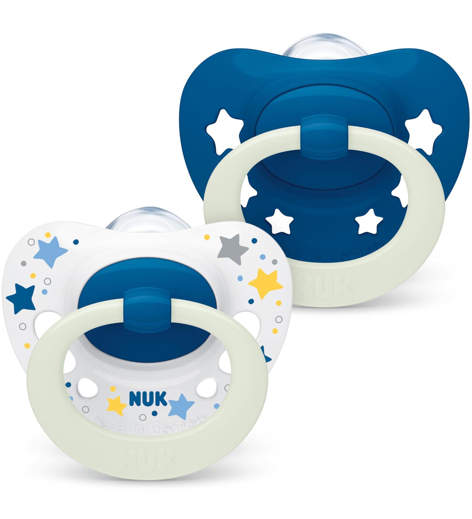 Nuk Signature Night Baby Pacifier - 0-6 Months BPA-Free Silicone Heart Shape Lights Up in Dark Calms 95% of Babies Blue Stars 2-Pack - Buy Online on GoSupps.com