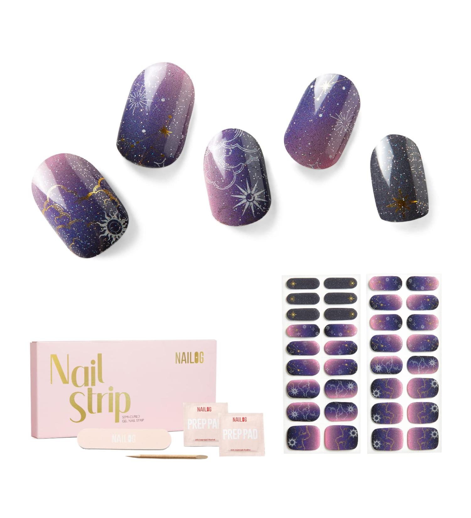 Nailog Semi Cured Gel Nail Strips - 34 Pcs Gel Nail Stickers | Buy 2 Get 1 UV Lamp | Long Lasting & Glossy Finish | Gradient Color Constellation - Buy Online on GoSupps.com