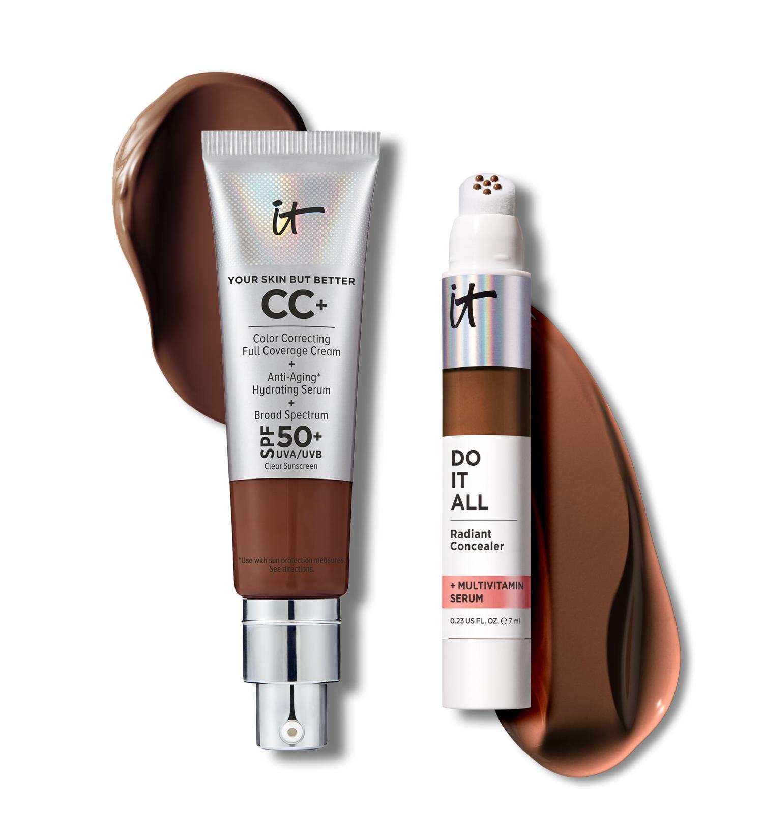 IT Cosmetics CC+ Cream with SPF 50+ Natural Finish Full Coverage Foundation (Deep Bronze - 1.08 fl oz) & Do It All Radiant Concealer Multivitamin Serum Makeup (615 Deep Neutral - 0.2 fl oz) - Buy Online on GoSupps.com