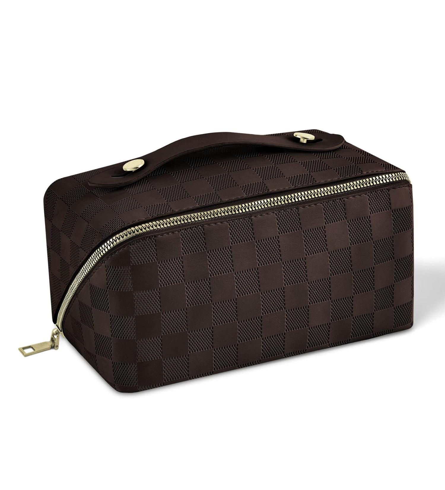 Aucuu Large Capacity Travel Cosmetic Bag | PU Leather | Waterproof | Portable Makeup Organizer - Checkered Dark Brown - Buy Online on GoSupps.com