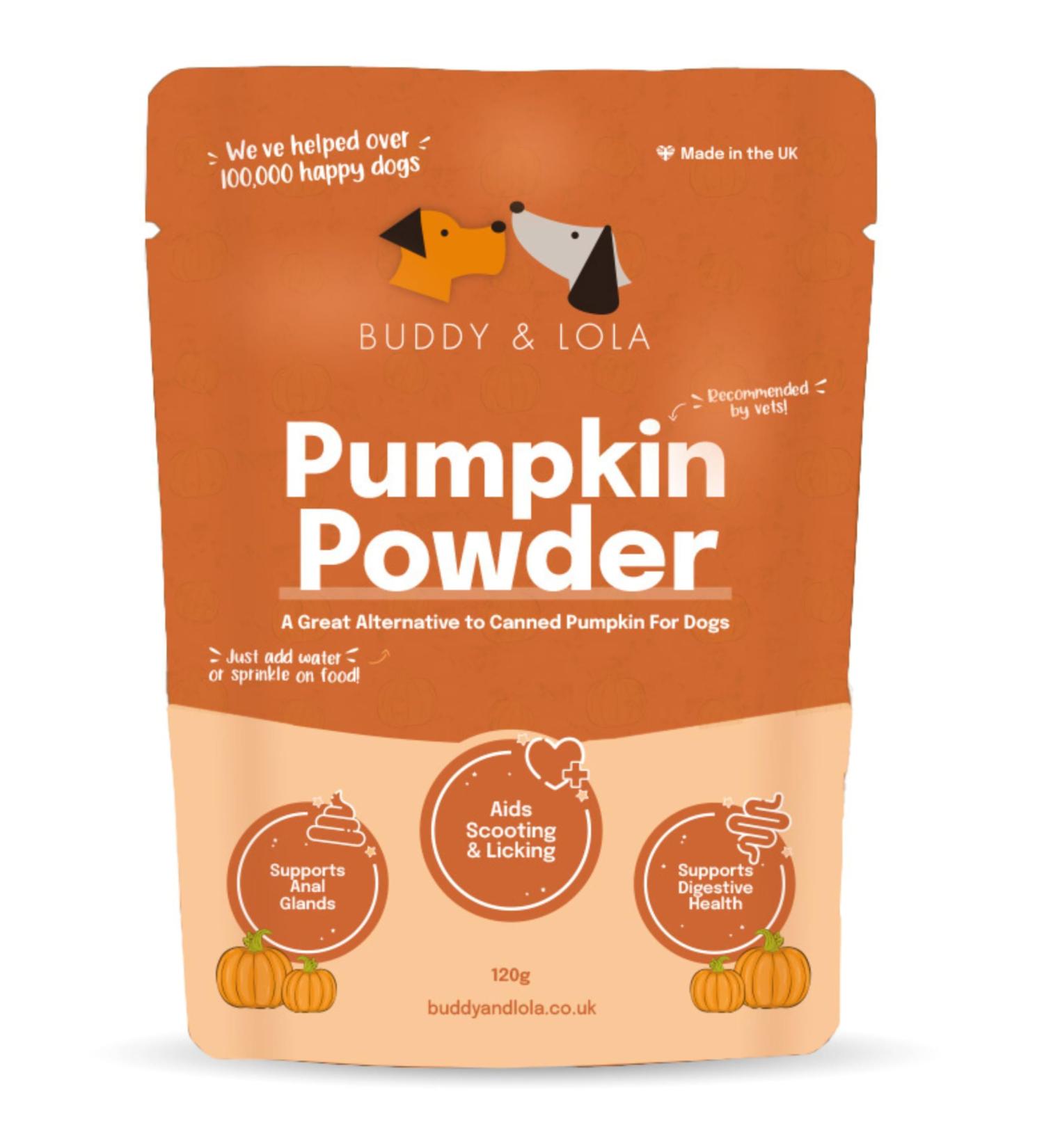Buddy & Lola 100% Natural Pumpkin Powder for Dogs | High Fibre Supplement | Easy-to-Use Puree | UK 120g - Buy Online on GoSupps.com