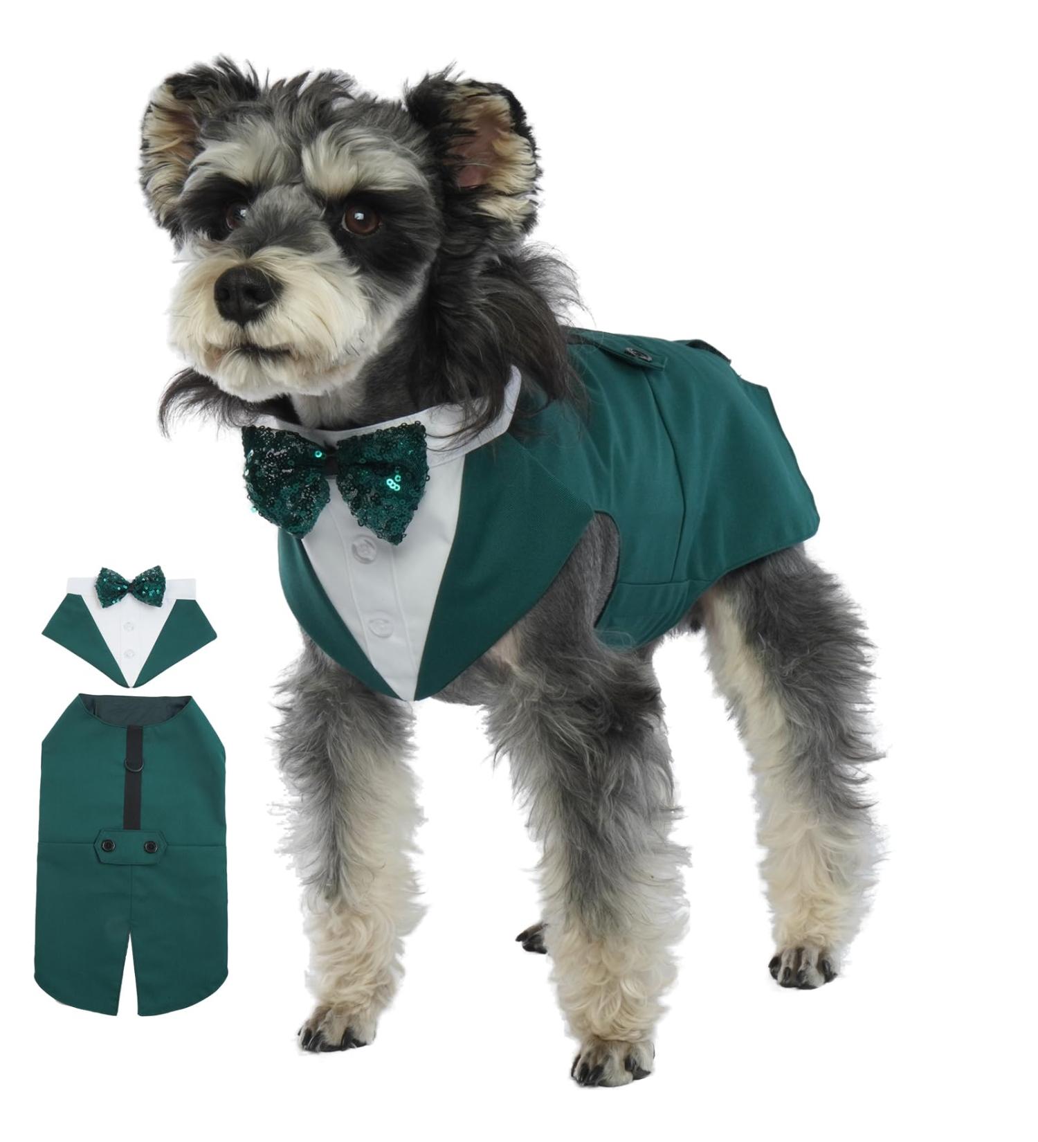Dark Green Dog Wedding Suit Set - Stylish Smoking Shirt & Necker for Parties Birthdays & Halloween - Buy Online on GoSupps.com
