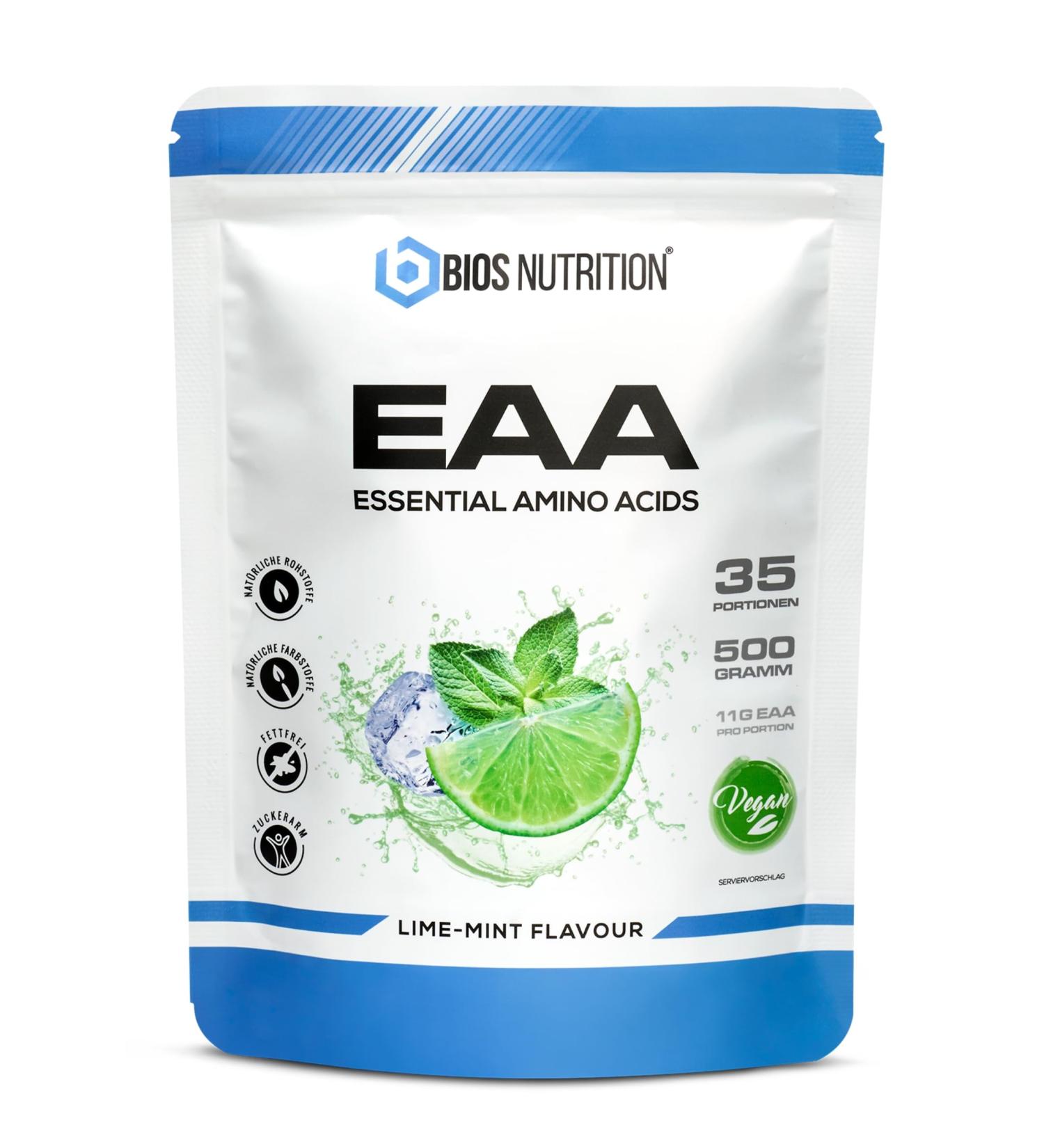 EAA Powder Lime Mint 500G - Vegan Essential Amino Acids with 11G Protein - High Dose - BIOS Nutrition (Made in Germany) - Buy Online on GoSupps.com