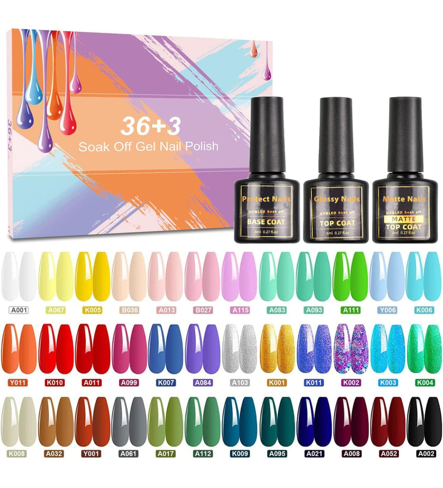 Gel Nail Polish SHOWNAIL 39 Pcs Gel Nail Polish Set Soak Off Gel Nail Set with Glossy and Matte Gel Top Base Coat Popular Nude Neon Pastel White Black Glitter Gel Polish Set Diy Nail Collection 36 Colors - Buy Online on GoSupps.com