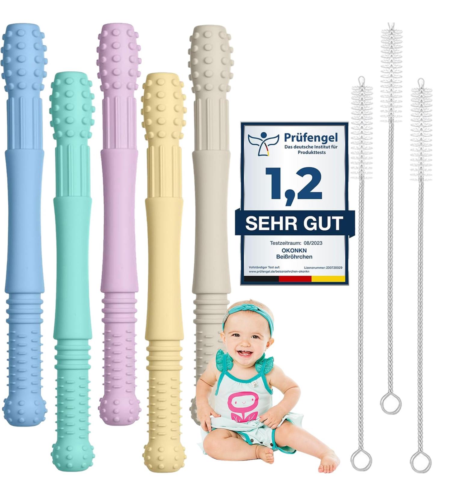 Okonkn 5-Set Baby Bite Tube & Teething Rings | BPA-Free Silicone Baby Accessories for 3 Months+ | Safe & Fun Teething Solutions for Boys & Girls - Buy Online on GoSupps.com