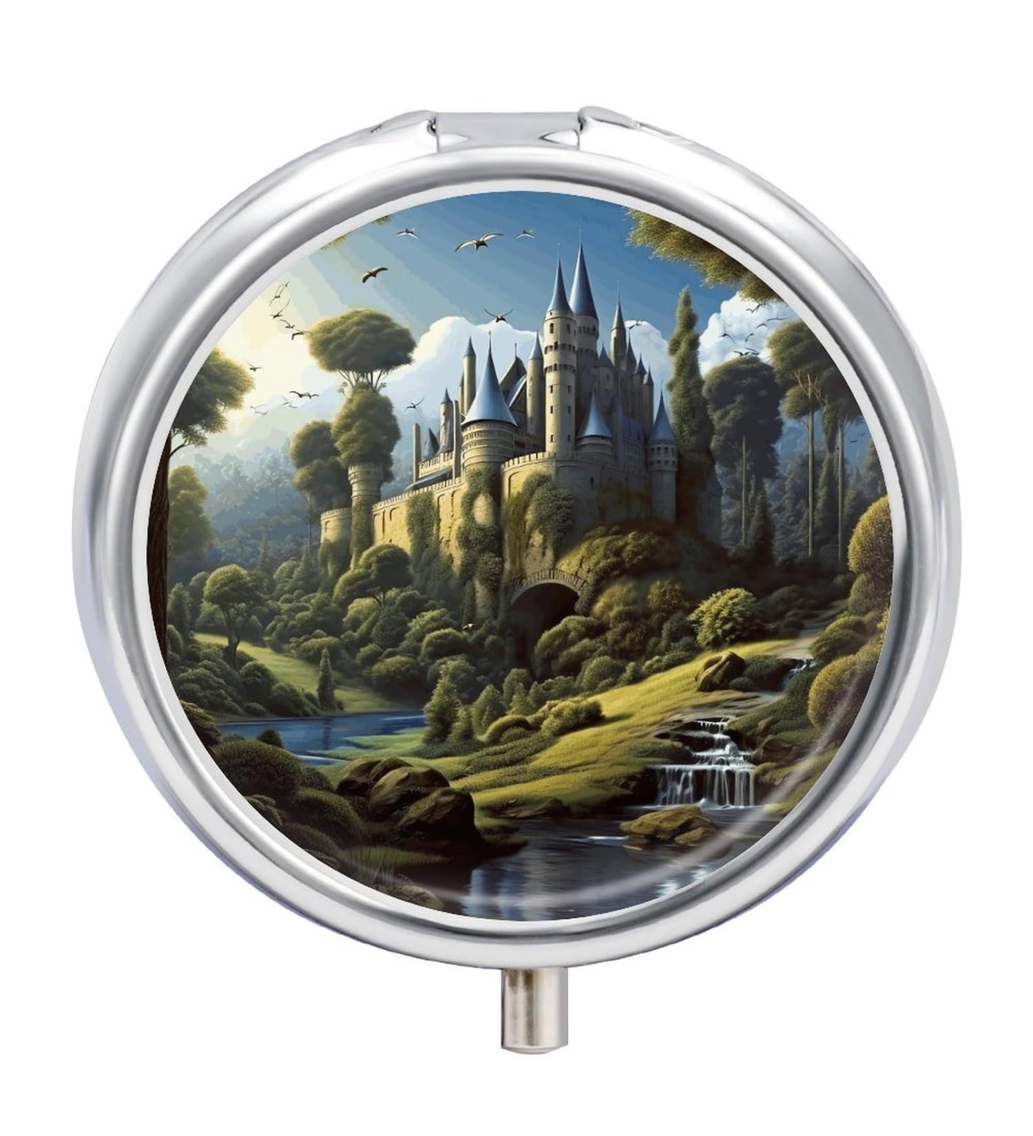 Round Pill Box with Woods and Castle Print - 3 Compartment Metal Pill Organizer | Portable Decorative Pocket Pill Case Style-43 - Buy Online on GoSupps.com