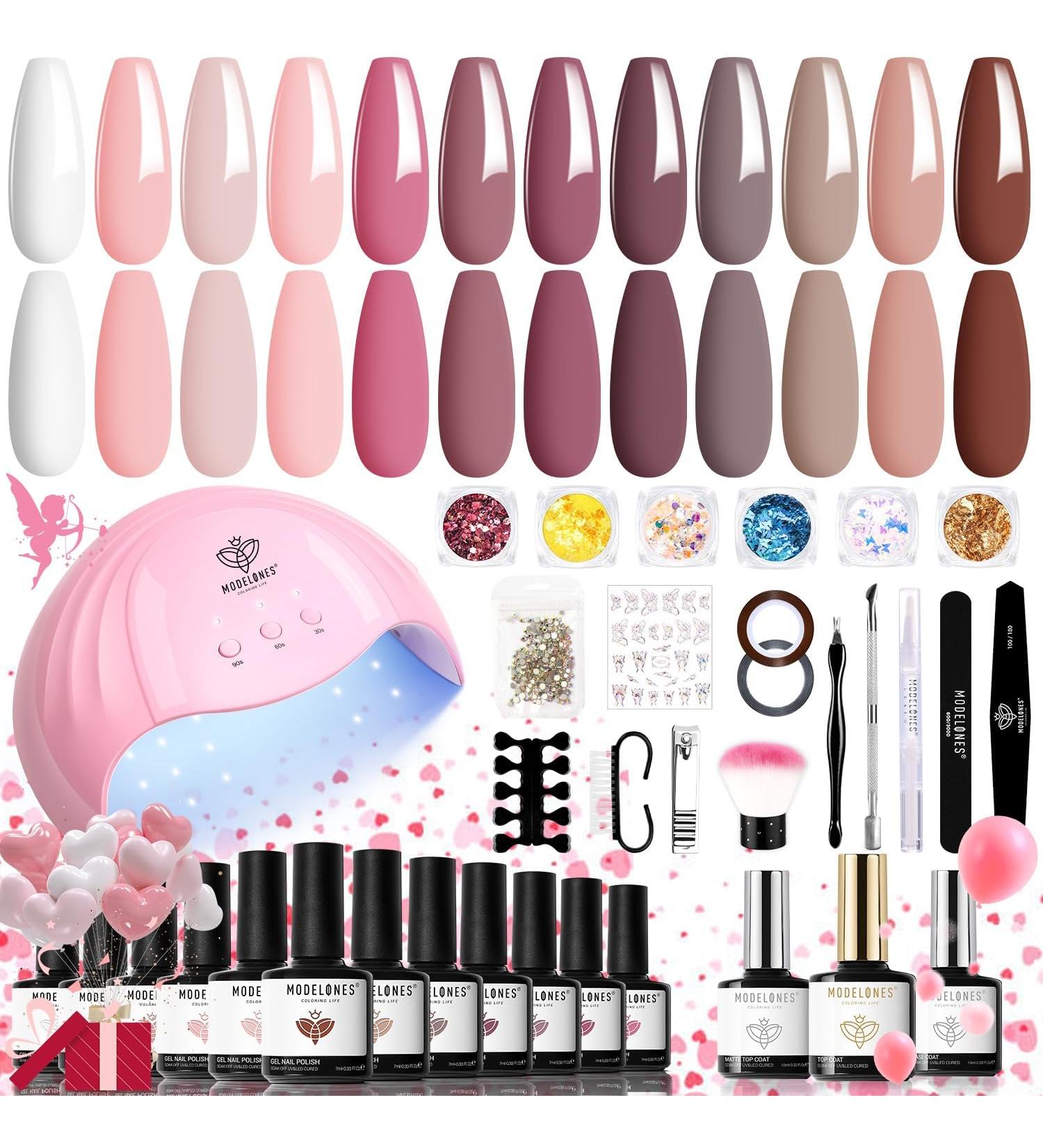Modelones Gel Nail Kit with 48W Lamp - 12 Colors Pink Polish Set + UV LED Lamp - Starter Kit with Top & Base Coat for DIY Manicure - Buy Online on GoSupps.com