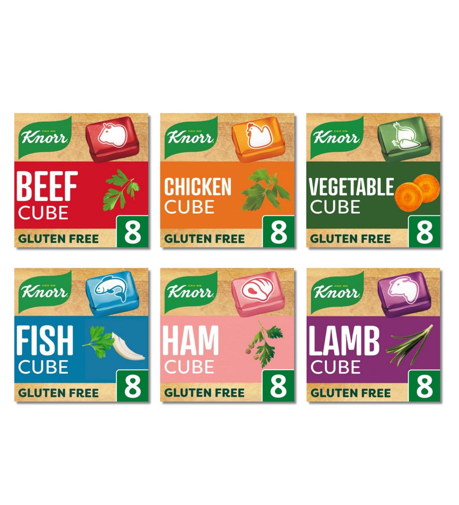 FEZ KEKE GLUTEN FREE KNORR STOCK CUBES - 6 X 8 (1x Beef 1x Chicken 1x Vegetable 1x Fish 1x Ham 1x Lamb)