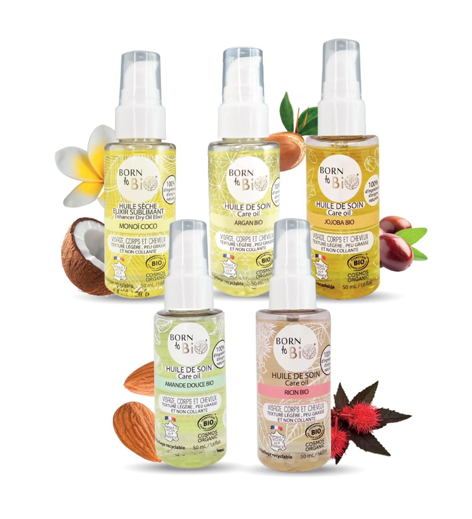 BORN TO BIO Gift Set Argan Oil + Castor + Jojoba + Almond + Monoi Multi-Use Body and Hair Care Oils Beauty Box 5 x 50 ml Certified Organic Made in France - Buy Online on GoSupps.com