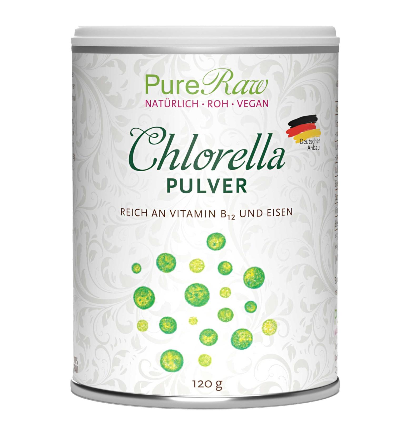 Chlorella Powder from Germany - Pure & Raw Vegan Algae Rich in Vitamin B12 & Iron - 120g | Pureeraw - Buy Online on GoSupps.com
