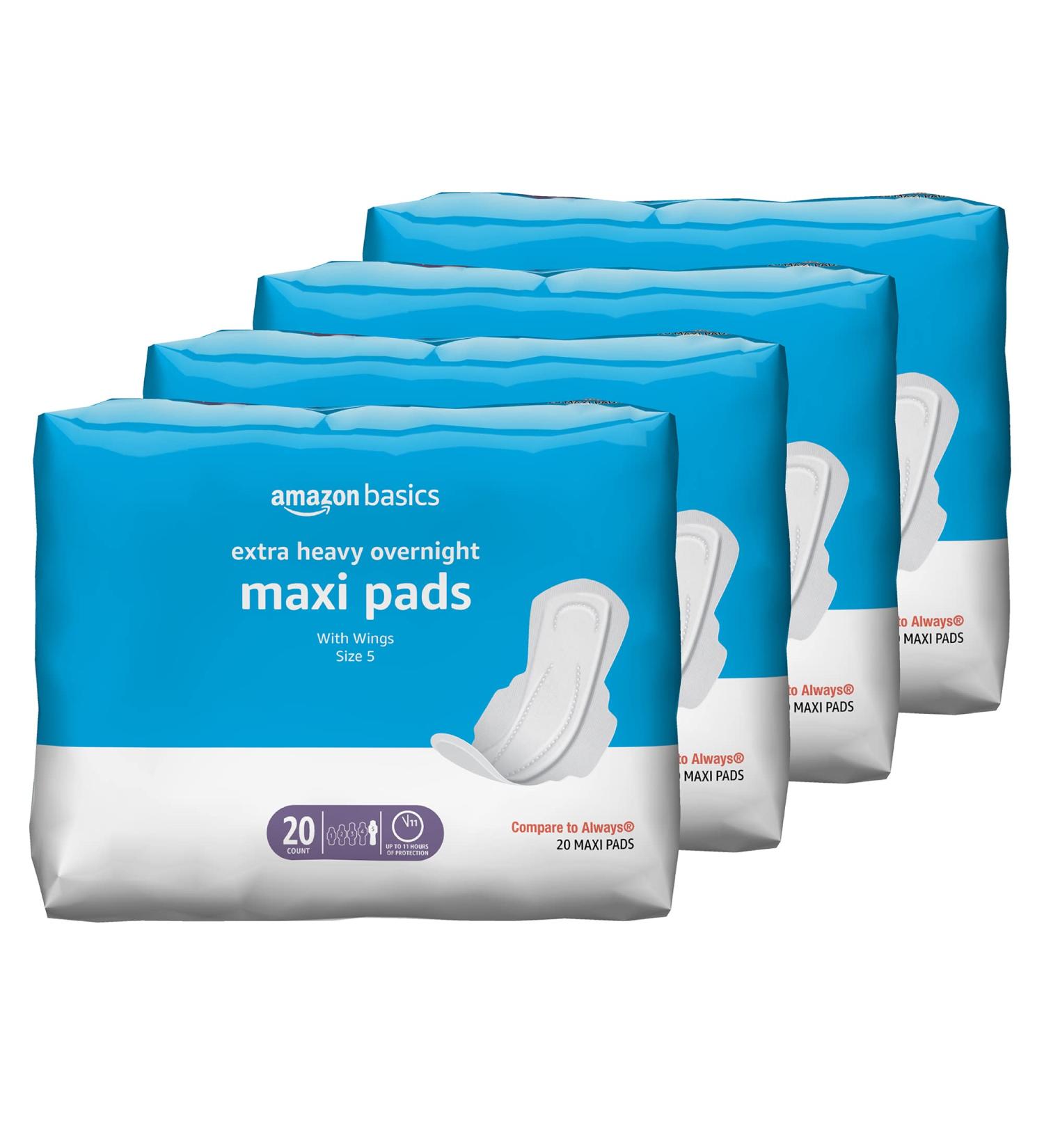 Amazon Basics Thick Maxi Pads - Extra Heavy Overnight Absorbency, Unscented, Size 5, 80 Count (4 Packs of 20) - Best for Periods - Buy Online on GoSupps.com