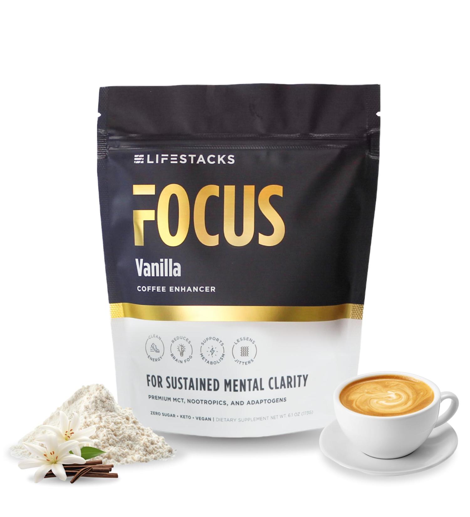 LIFESTACKS Focus Coffee Creamer - Energy & Clarity Boost with MCT Powder Nootropics & Adaptogens - Keto Vegan Zero Sugar Taurine L-Tyrosine Rhodiola Vanilla - Shop Internationally - Buy Online on GoSupps.com