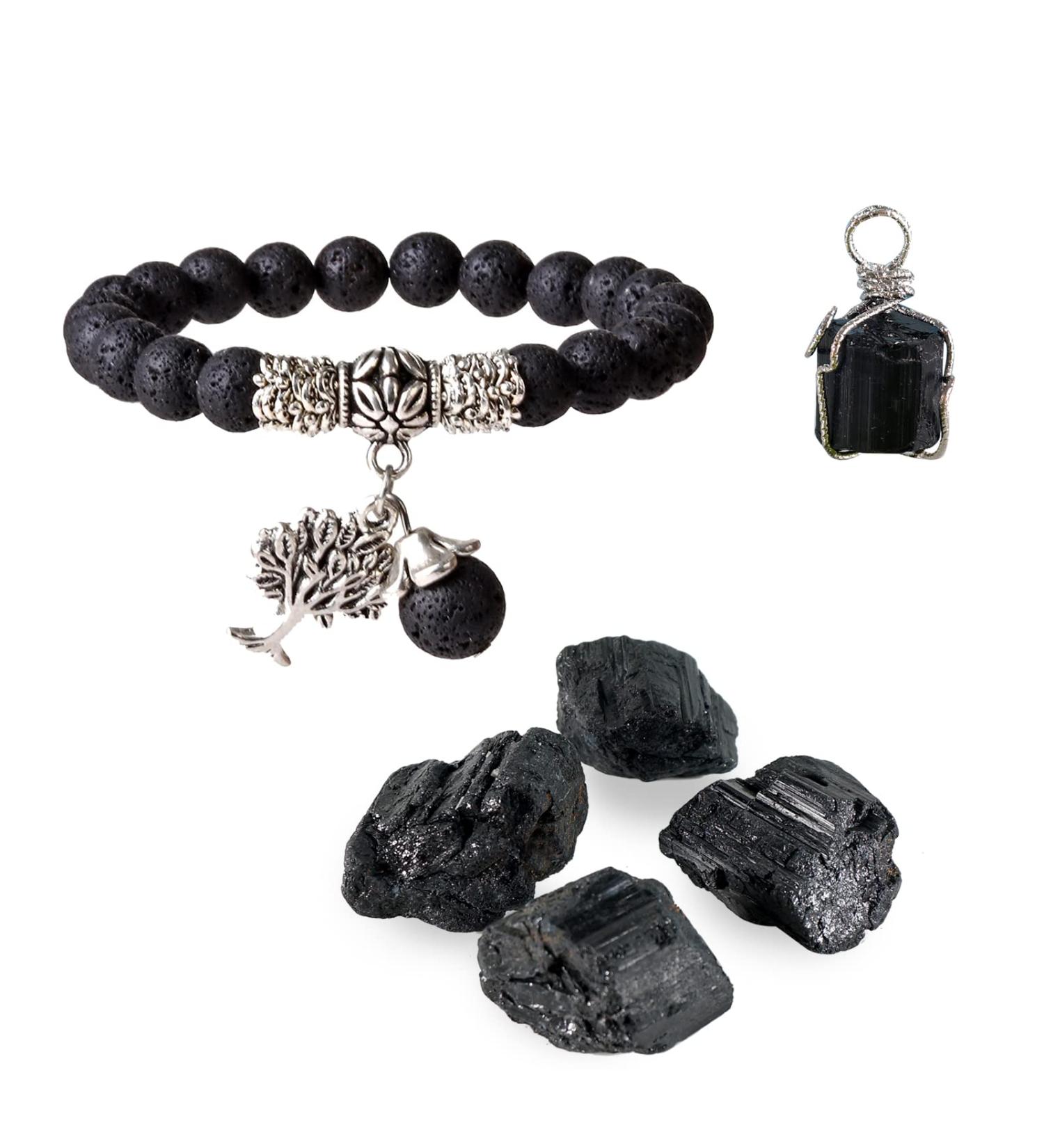 Soulnioi Healing Stones Set: Black Tourmaline Necklace, Volcanic Stone Bracelet, 4 Raw Black Tourmaline Pieces for Meditation - Buy Online on GoSupps.com