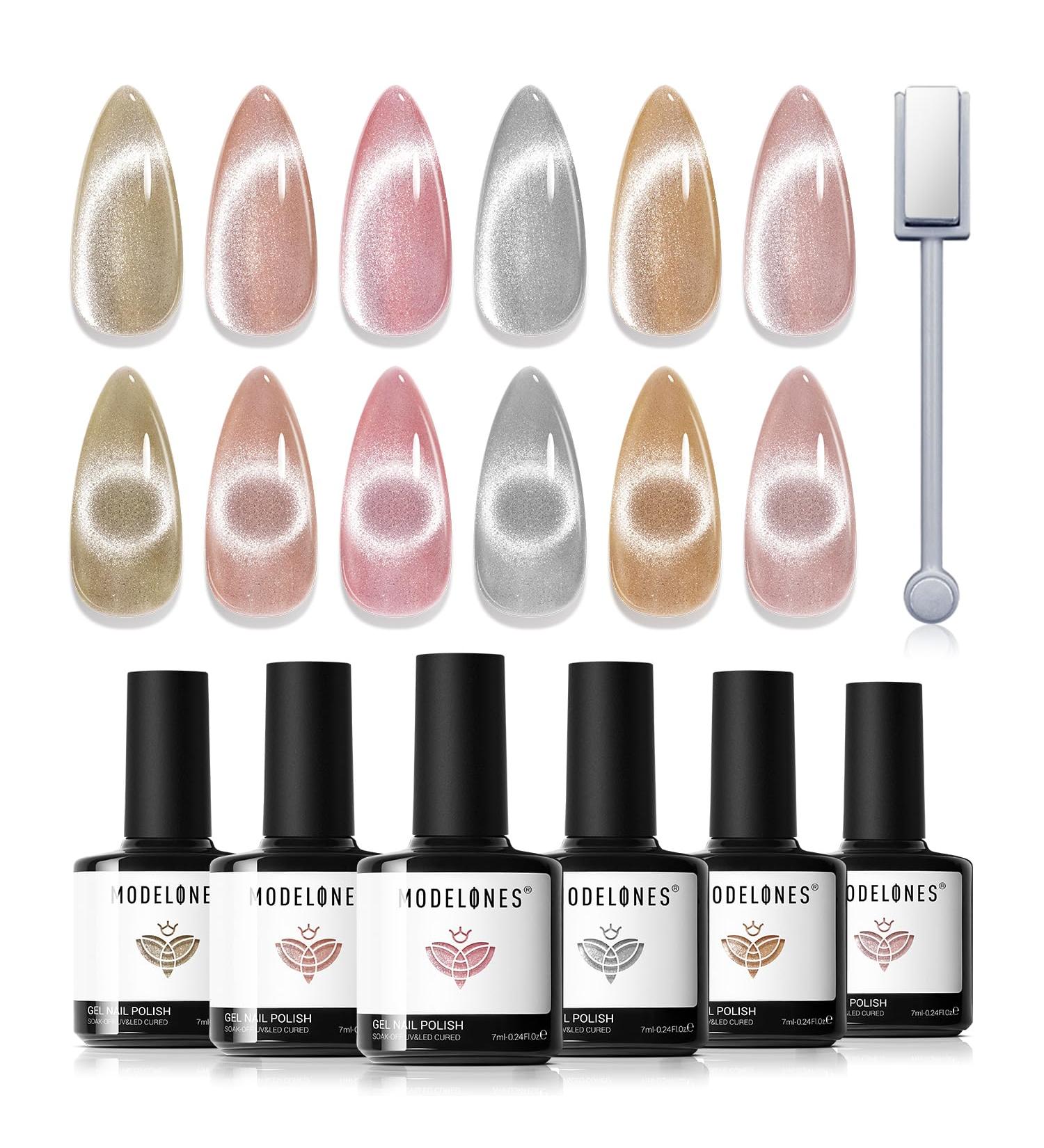 Modelones Cat Eye Gel Nail Polish Set 6 Colors Holographic Sparkle Nude Pink Gel Polish Glitter 9D Magnetic Gel Polish Brown Gel Polish with Magnet Nail Art DIY Salon For Women - Buy Online on GoSupps.com