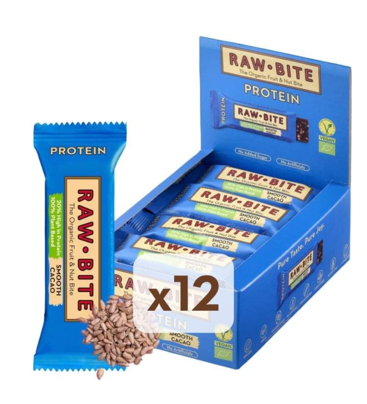 Rawbite Smooth Cacao Protein Bar - 21g Protein Organic Ingredients 12-Pack Advantage Box | Rice Protein Dates Cashews & Cocoa - Buy Online on GoSupps.com
