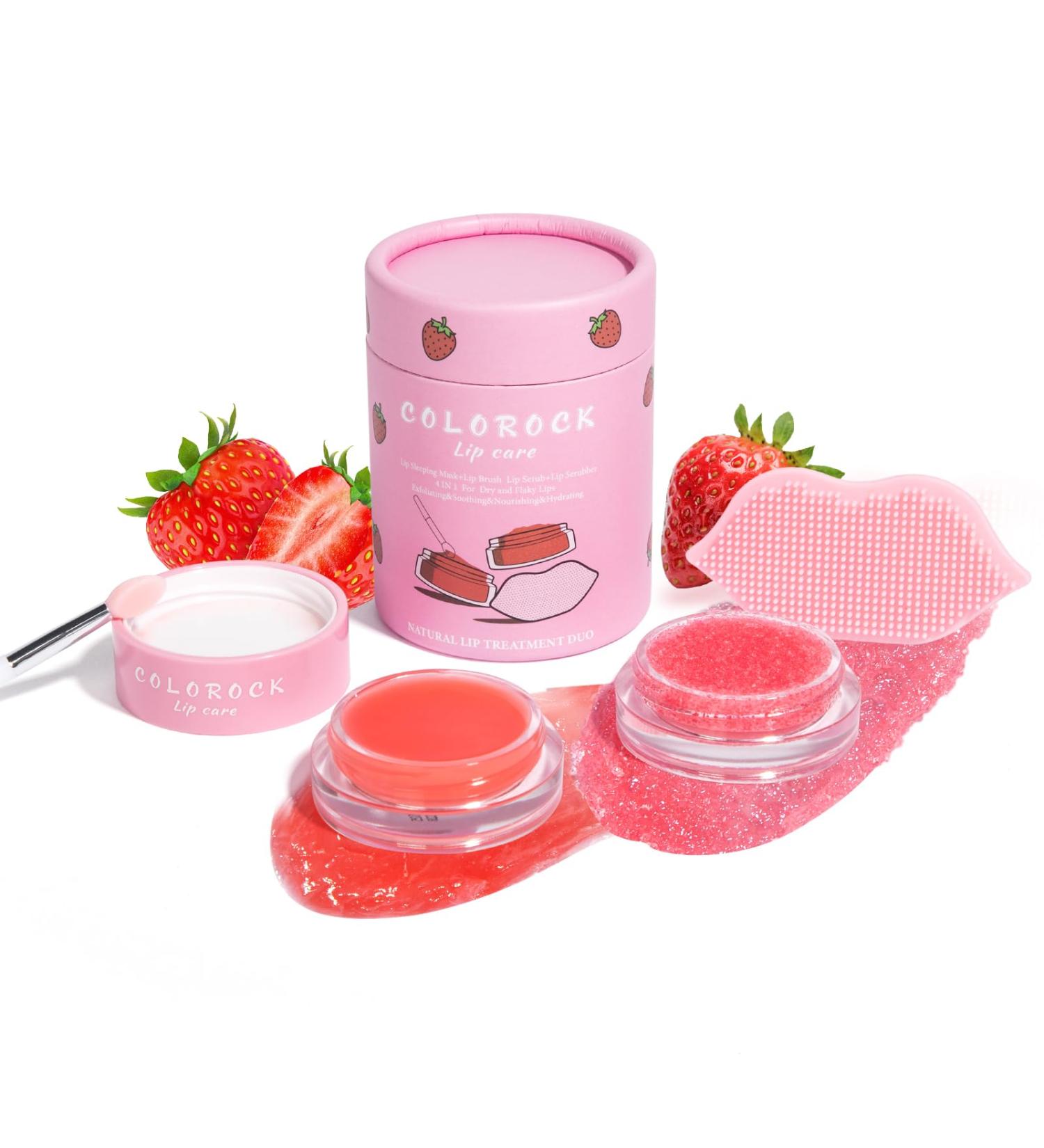 COLOROCK Lip Mask &Sugar Lip Scrub Set Natural Lip Treatment Duo - 4 IN 1 Lip Sleep Mask Gift Set for Exfoliate Nourish Soothe & Hydrate Dry and Flaky Lips-Lip Mask Overnight for Lip Care-Strawberry - Buy Online on GoSupps.com