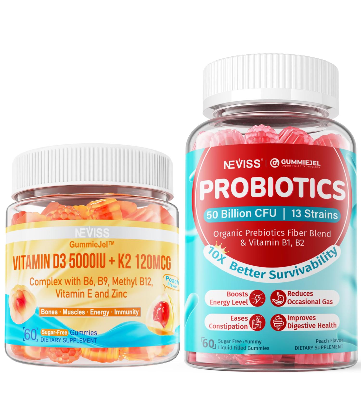 NEVISS Vitamin D3 K2 Gummies +Sugar Free Probiotics Gummies - Buy Online on GoSupps.com