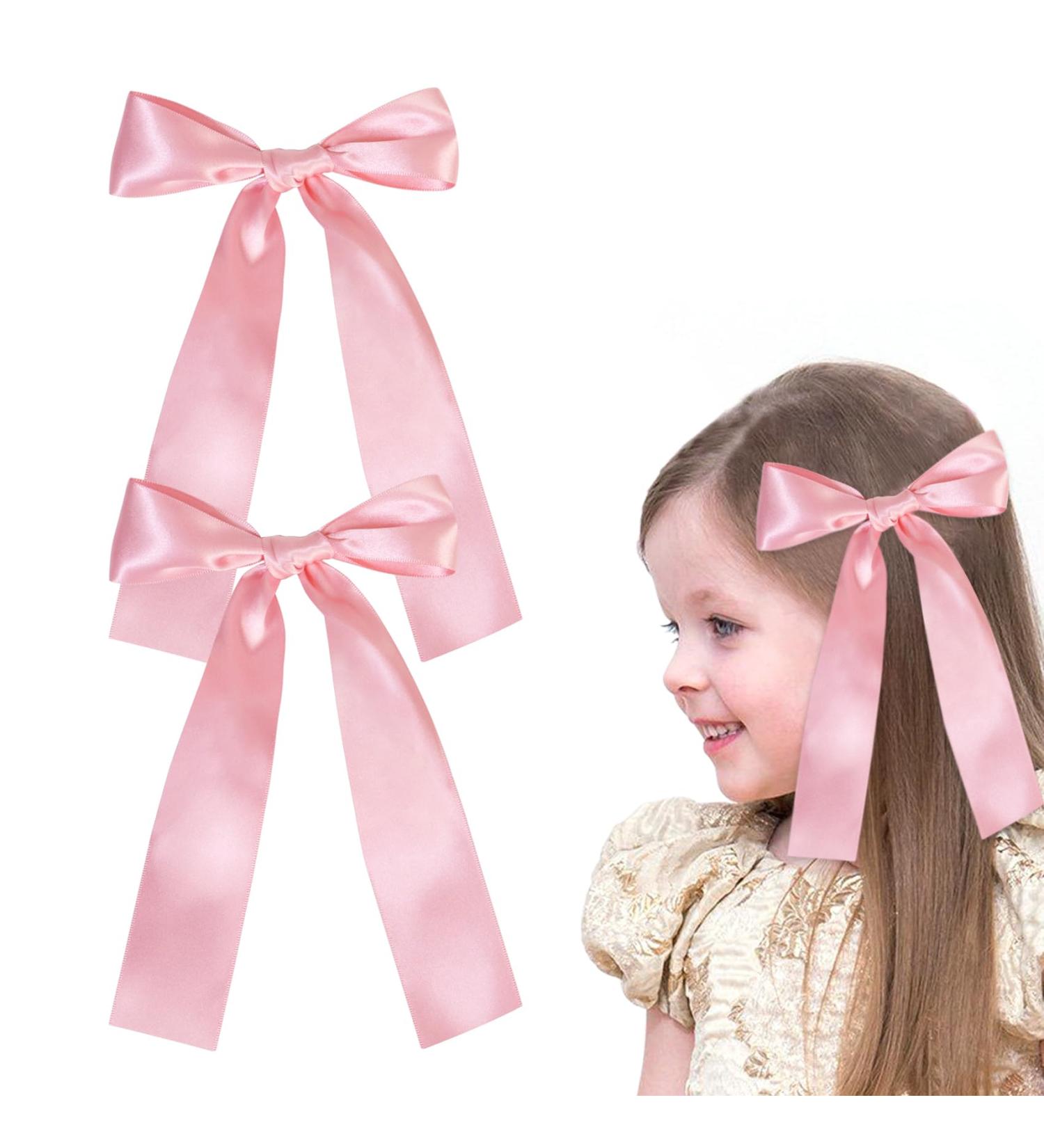 2 Pack Hair Bows for Girls and Women Large Bow Hair Clips Hair Barrette with Long Silky Satin Pink Hair Accessories for Girls(Pink) - Buy Online on GoSupps.com