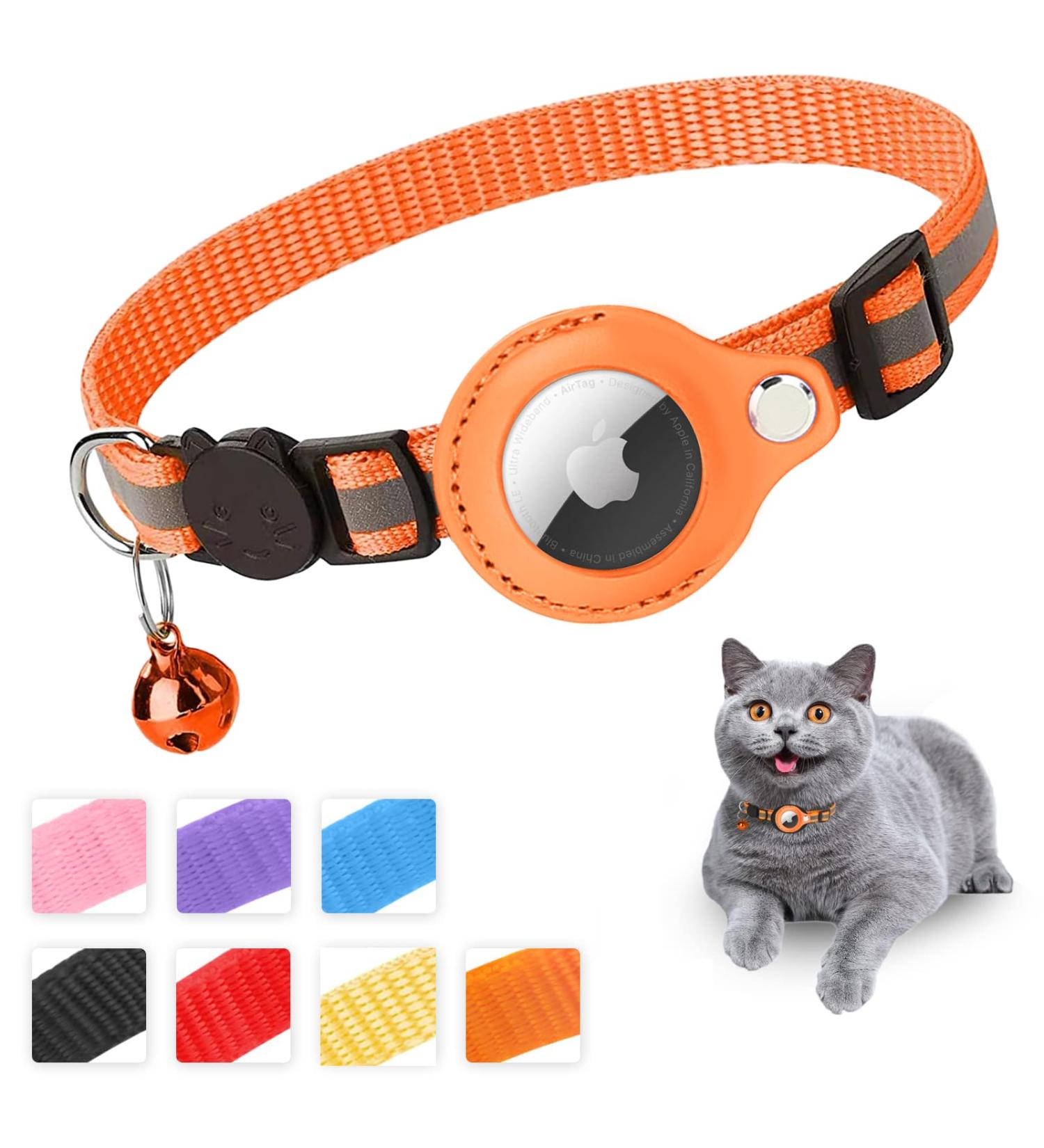 Mouyou Airtag Cat Neck Band - Soft Nylon Reflective Collar with Bell & Safety Clasp Adjustable 22-34cm Orange - Track Your Cat with Airtag Holder - Buy Online on GoSupps.com