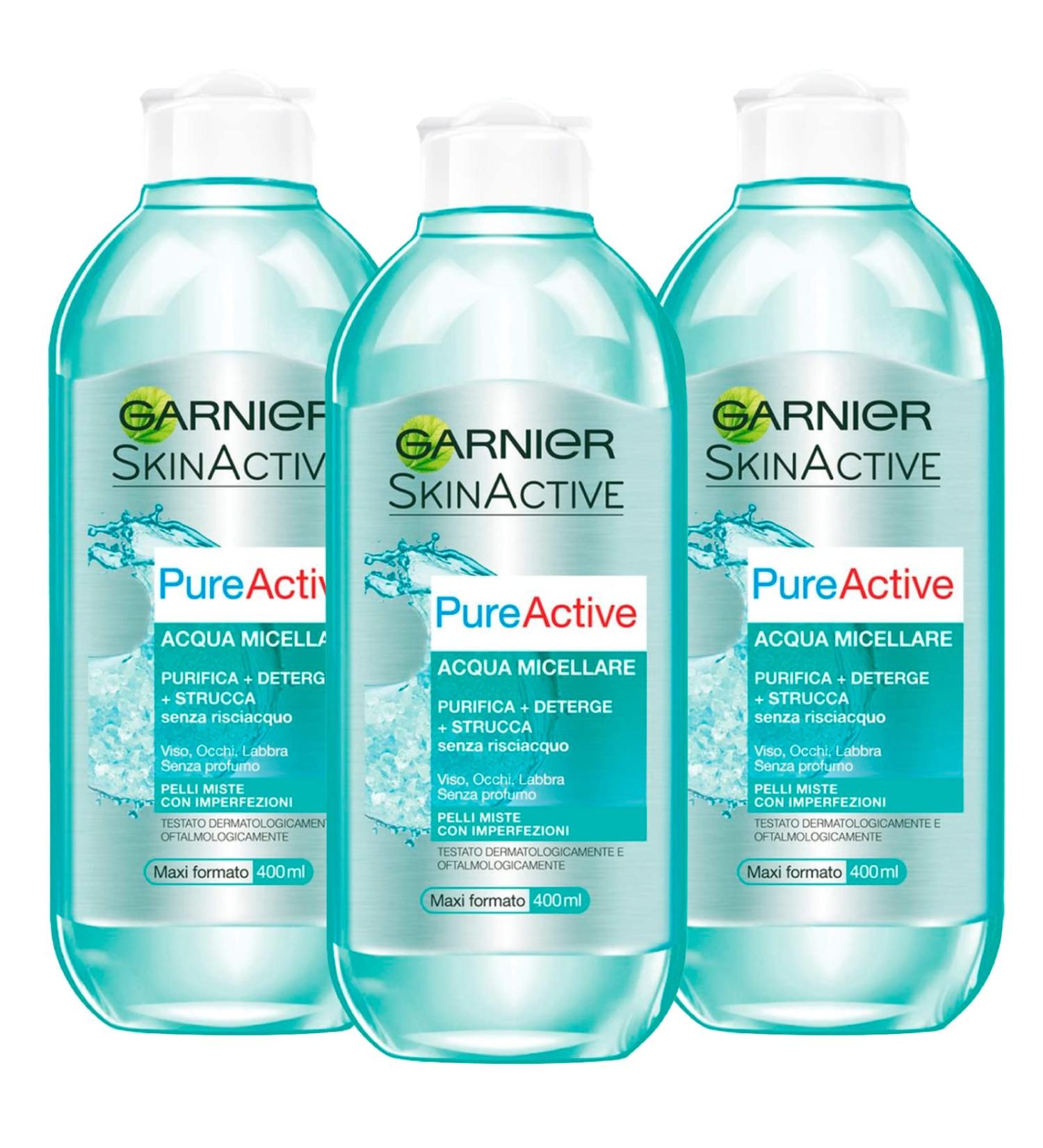Garnier SkinActive PureActive Micellar D maquillant l'eau pour peaux mixtes avec imperfections Effet nettoyant sans rin age Visage Yeux L vres Formule sans parfum 3 bouteilles de 400
