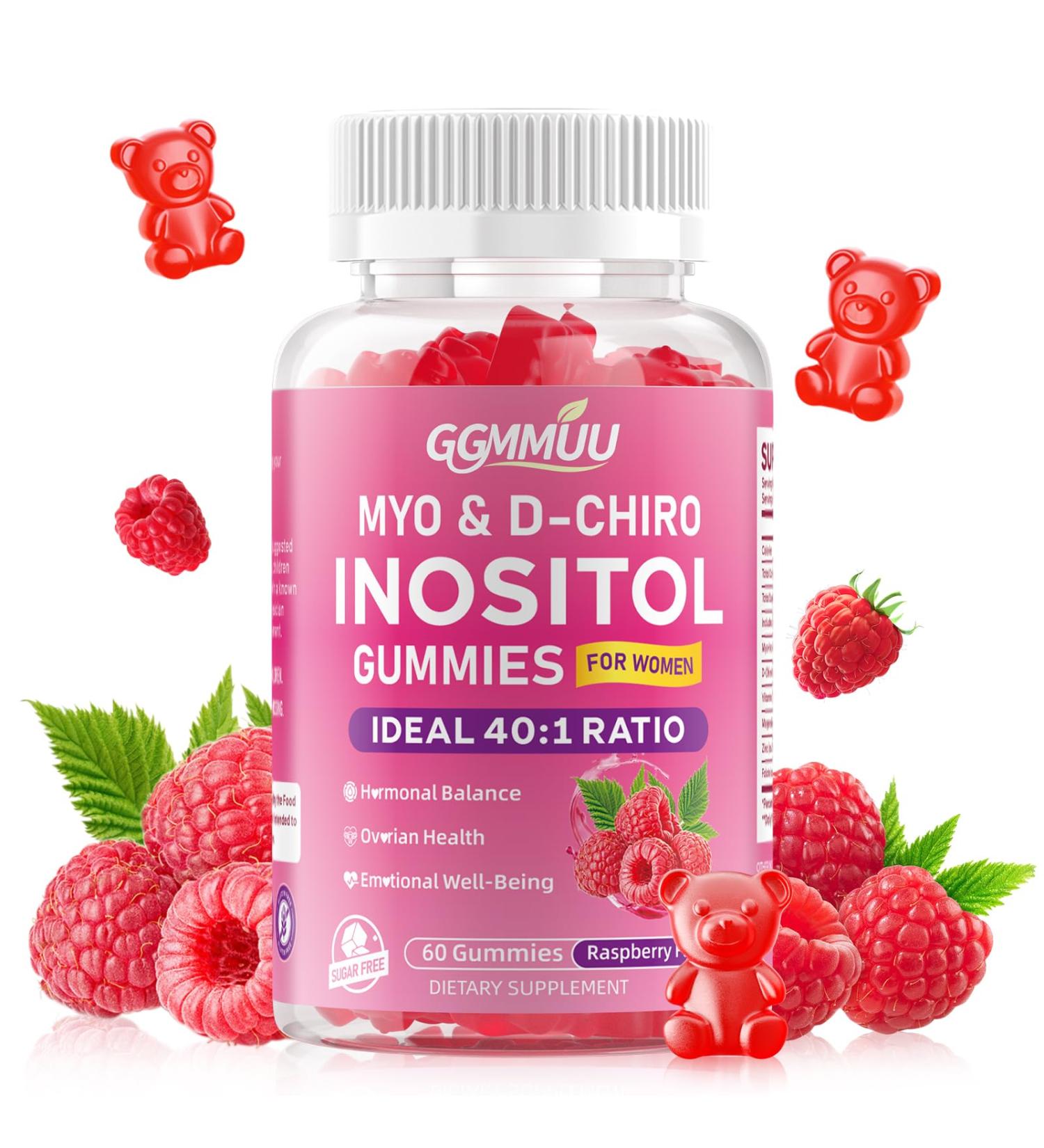 GGMMUU Myo-Inositol & D-Chiro Inositol Gummies for Women 2000mg + 50mg Ideal 40:1 Ratio with Vitamin D3 Magnesium Glycinate Folate & Zinc for Female Raspberry Flavor 60 Count - Buy Online on GoSupps.com