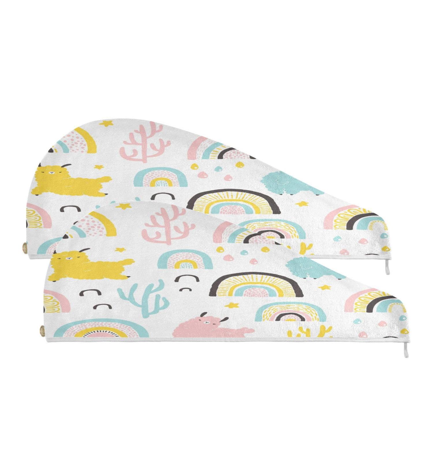 Llamas with Rainbows Quick Dry Hair Cap Set | 2-Piece Super Absorbent Towel & Button Headband | Soft & Comfortable for All Hair Types - Buy Online on GoSupps.com