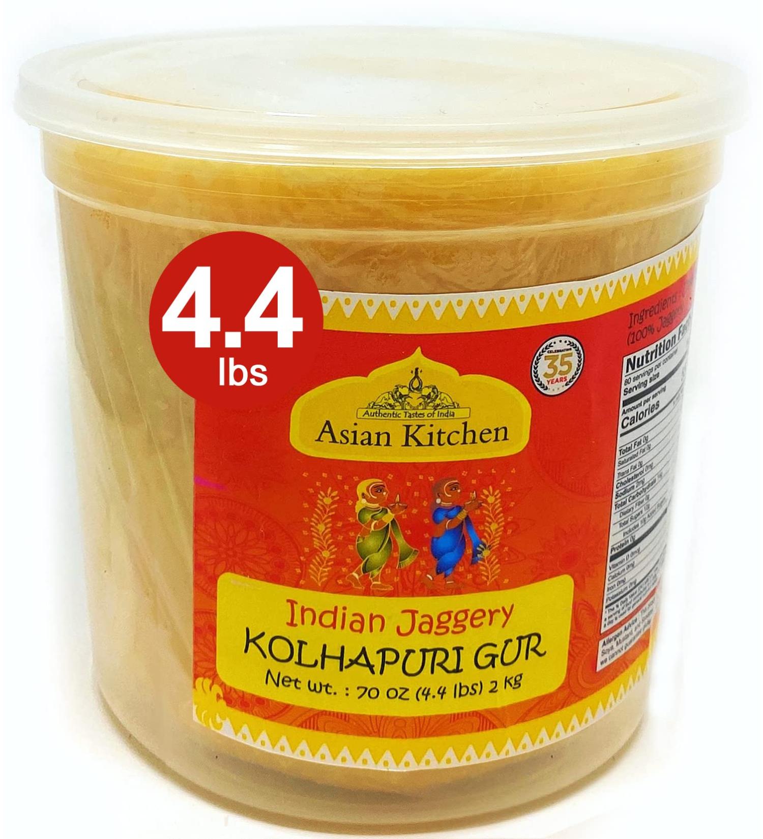 Asian Kitchen Kolhapuri Gur (Jaggery) 2kg - Unrefined Cane Sugar, Gluten-Friendly, Vegan, Non-GMO - 2 kg PET Jar - Buy Online on GoSupps.com