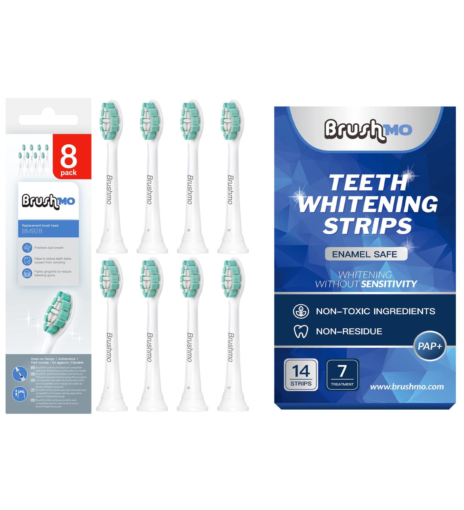 Brushmo Teeth Whitening Bundle: Sonicare Compatible Replacement Heads and Pap+ Whitening Strips - Buy Online on GoSupps.com