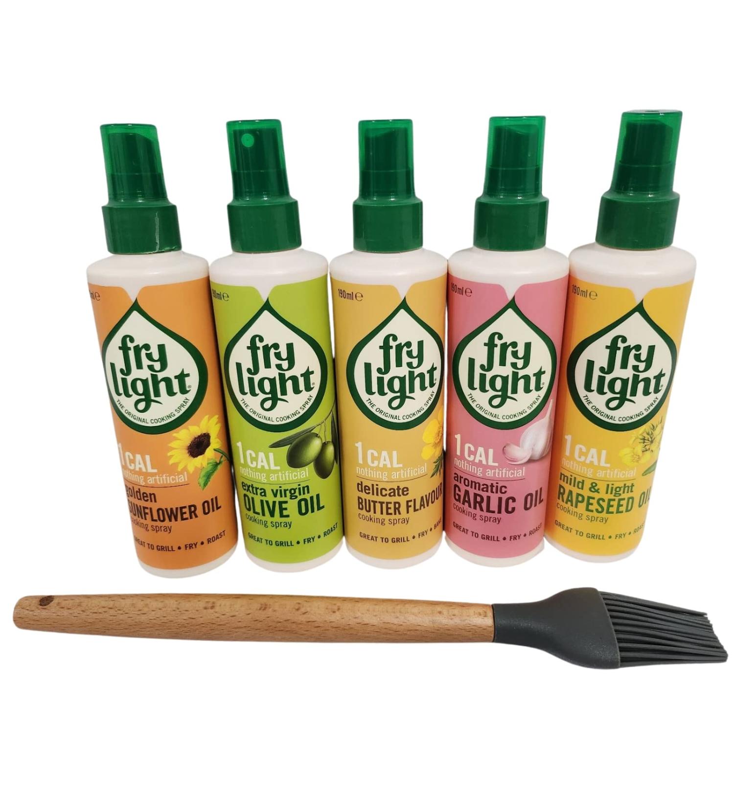 Frylight Cooking Oil Spray Bundle 190ml - Sunflower, Olive, Butter, Garlic, Rapeseed - 1 Calorie per Spray - Includes Donny & Dev Wooden Handle Oil Brush - Buy Online on GoSupps.com