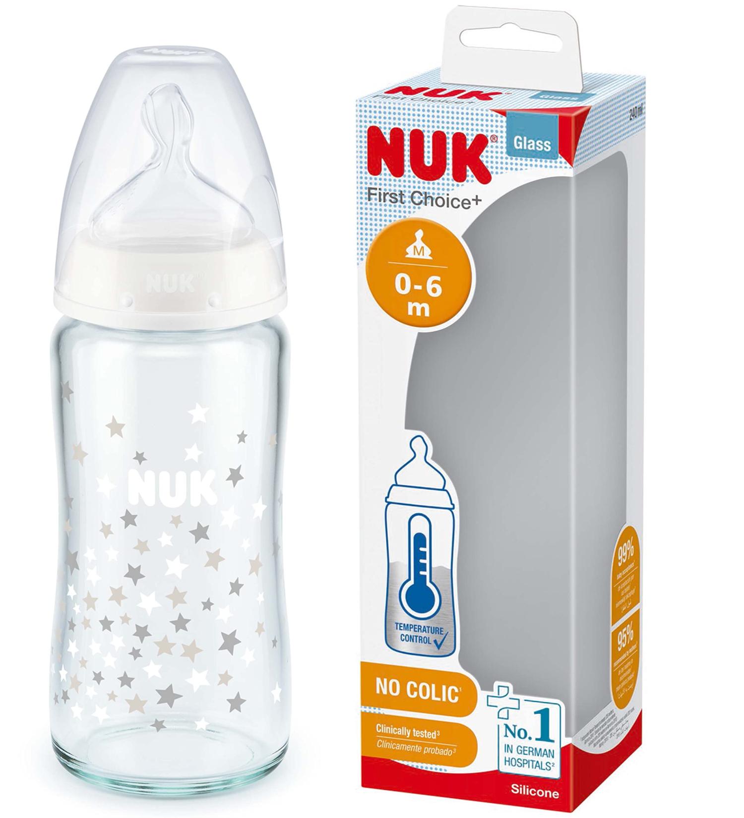 NUK First Choice Glass Bottle 240ml - 0-6 Months | BPA-Free | Silicone Teat | Colic Valve | Temperature Control - International Shipping Available - Buy Online on GoSupps.com