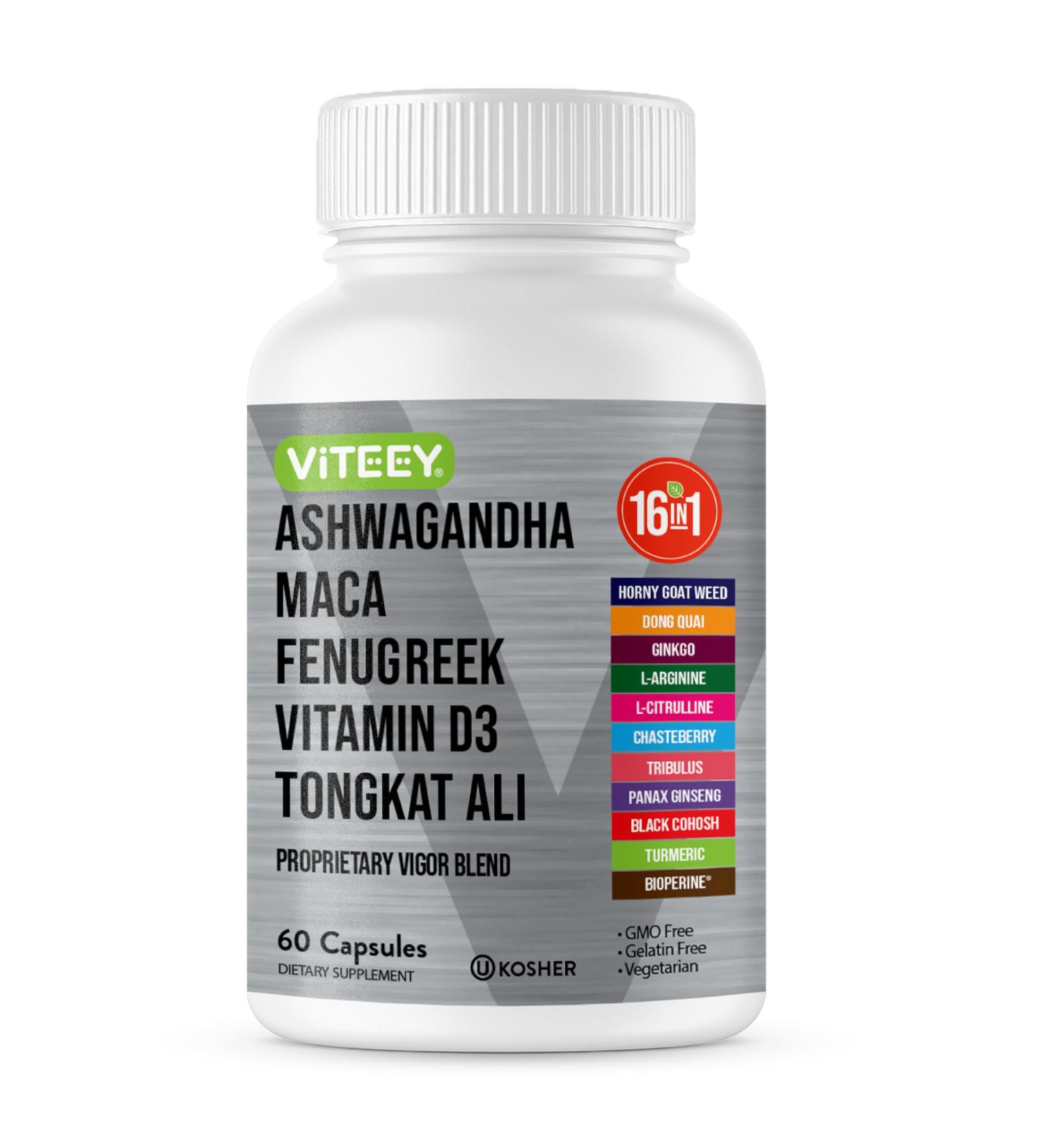 Viteey Ashwagandha Maca Fenugreek Supplement with Tongkat Ali Drive Passion & Energy Support for Men & Women Mood Calm & Stress Support - 60 Capsules - Buy Online on GoSupps.com