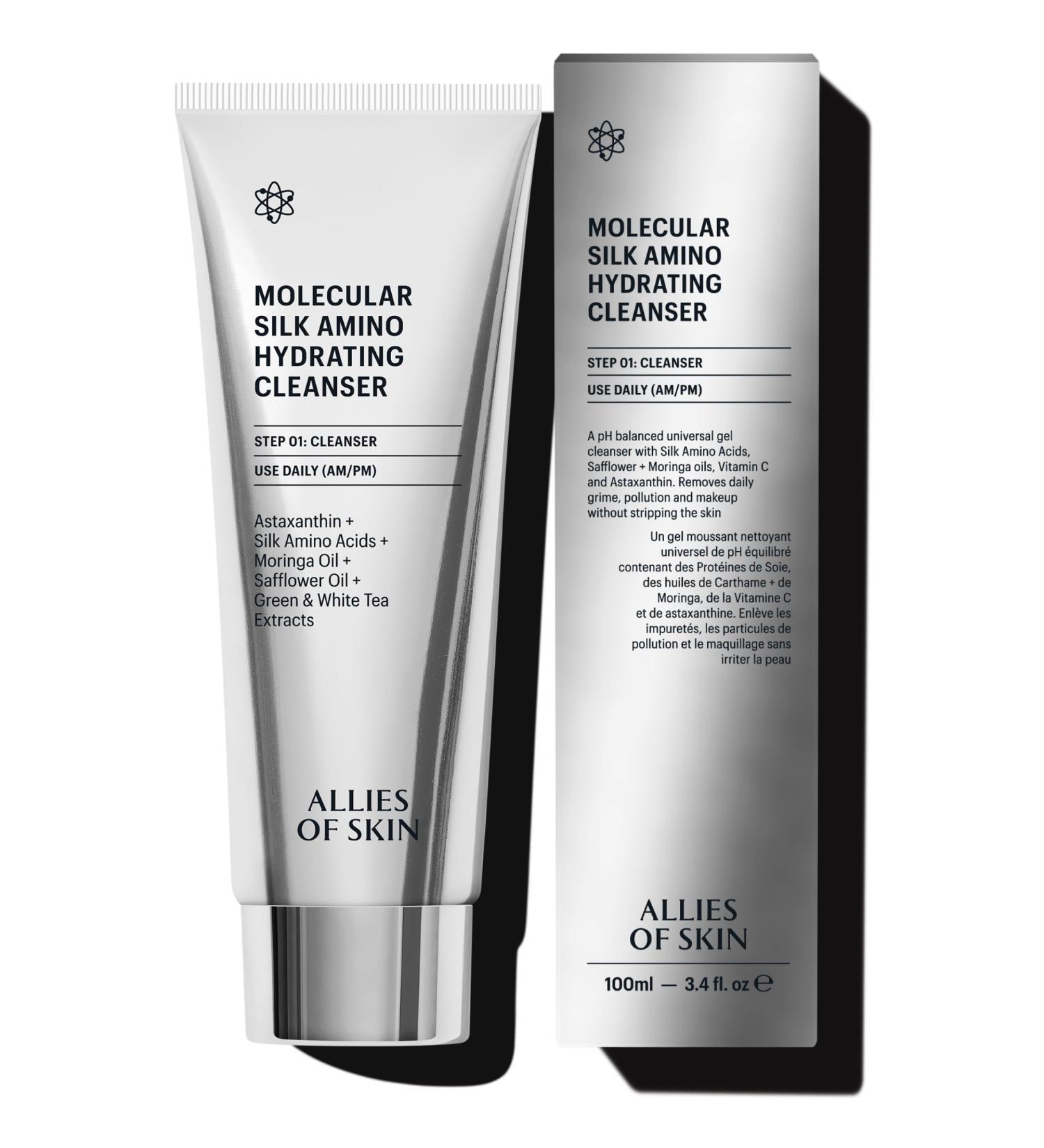 Allies of Skin Molecular Silk Amino Hydrating Cleanser: Hyaluronic Acid Ceramides Safflower & Moringa Oils. Nourishes Conditions & Repairs 100 ml/2.4 oz Full Size - Buy Online on GoSupps.com