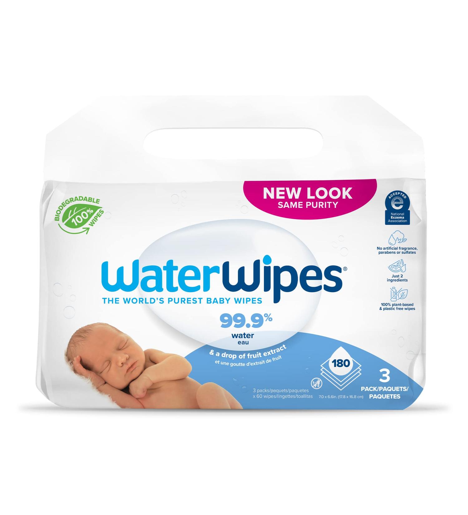 WaterWipes Original Baby Wipes - 99.9% Water, Unscented & Hypoallergenic, 3 Packs (180 Count) for Sensitive Skin - Buy Online on GoSupps.com
