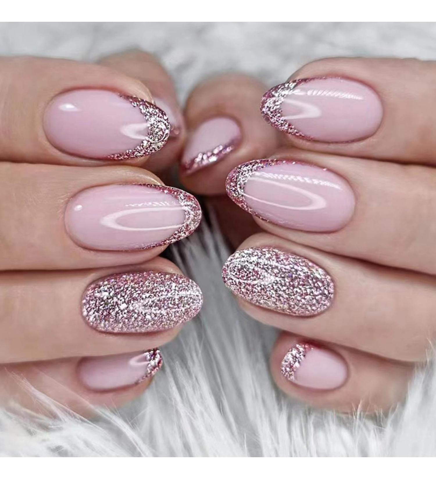 24 Pieces Short Almond Artificial Nails - French Pink Glossy Acrylic Press-On for Women & Girls - 12 Sizes for Party & DIY - Buy Online on GoSupps.com