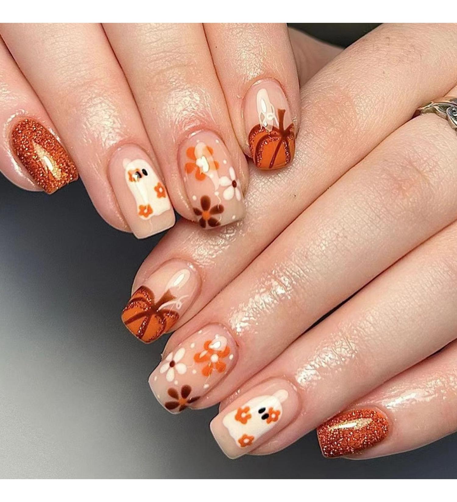 Halloween Press On Nails - Short Square Cute Ghost Flower Pumpkin Glitter - 24 Pcs Glossy Acrylic Stick On Nails for Women & Girls - Buy Online on GoSupps.com