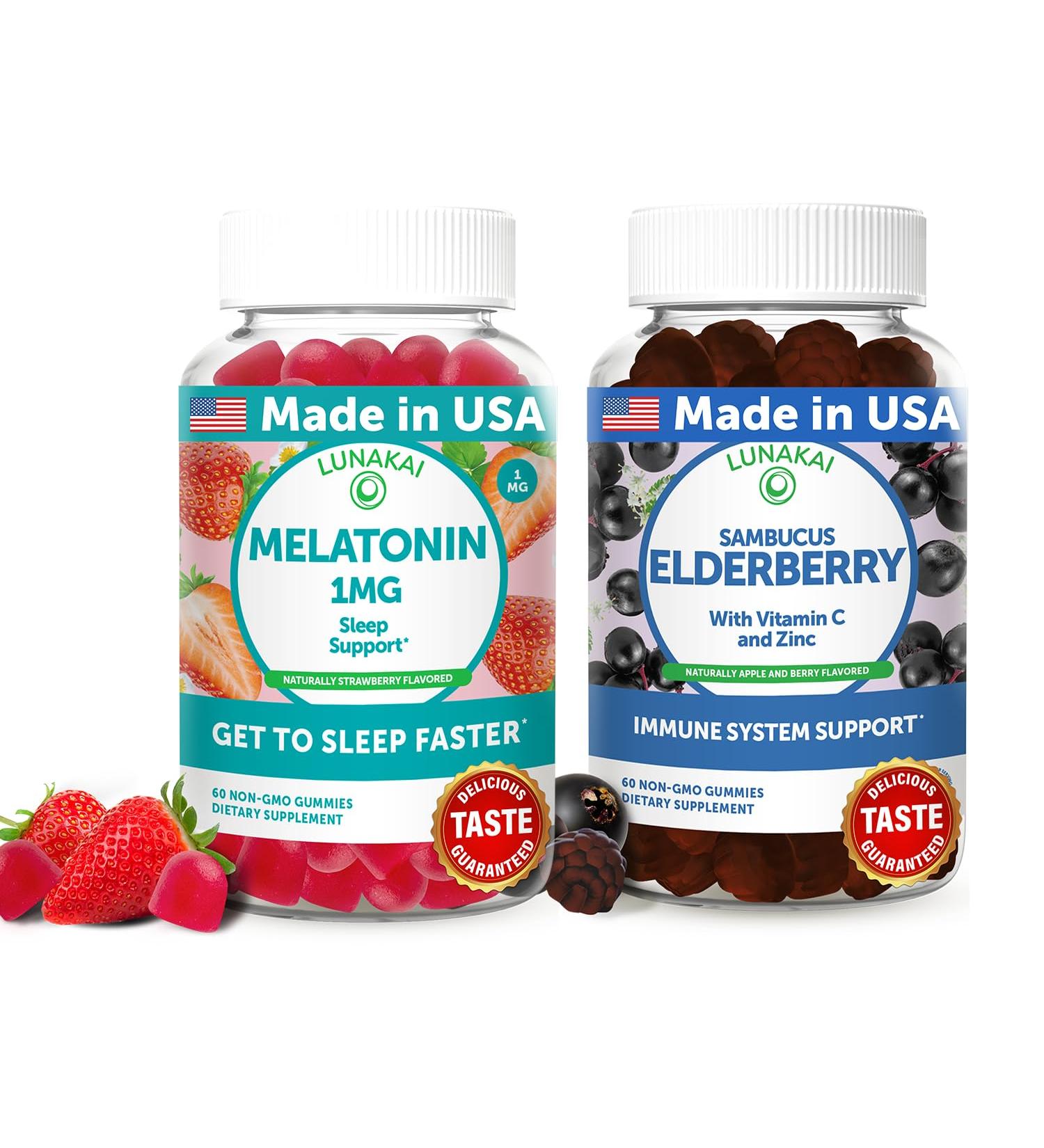 Lunakai USA Made Low Dose Melatonin & Sambucus Elderberry Gummies Bundle Sleep Support & Immune System Boost 60 Non-GMO Gummies Each - Buy Online on GoSupps.com