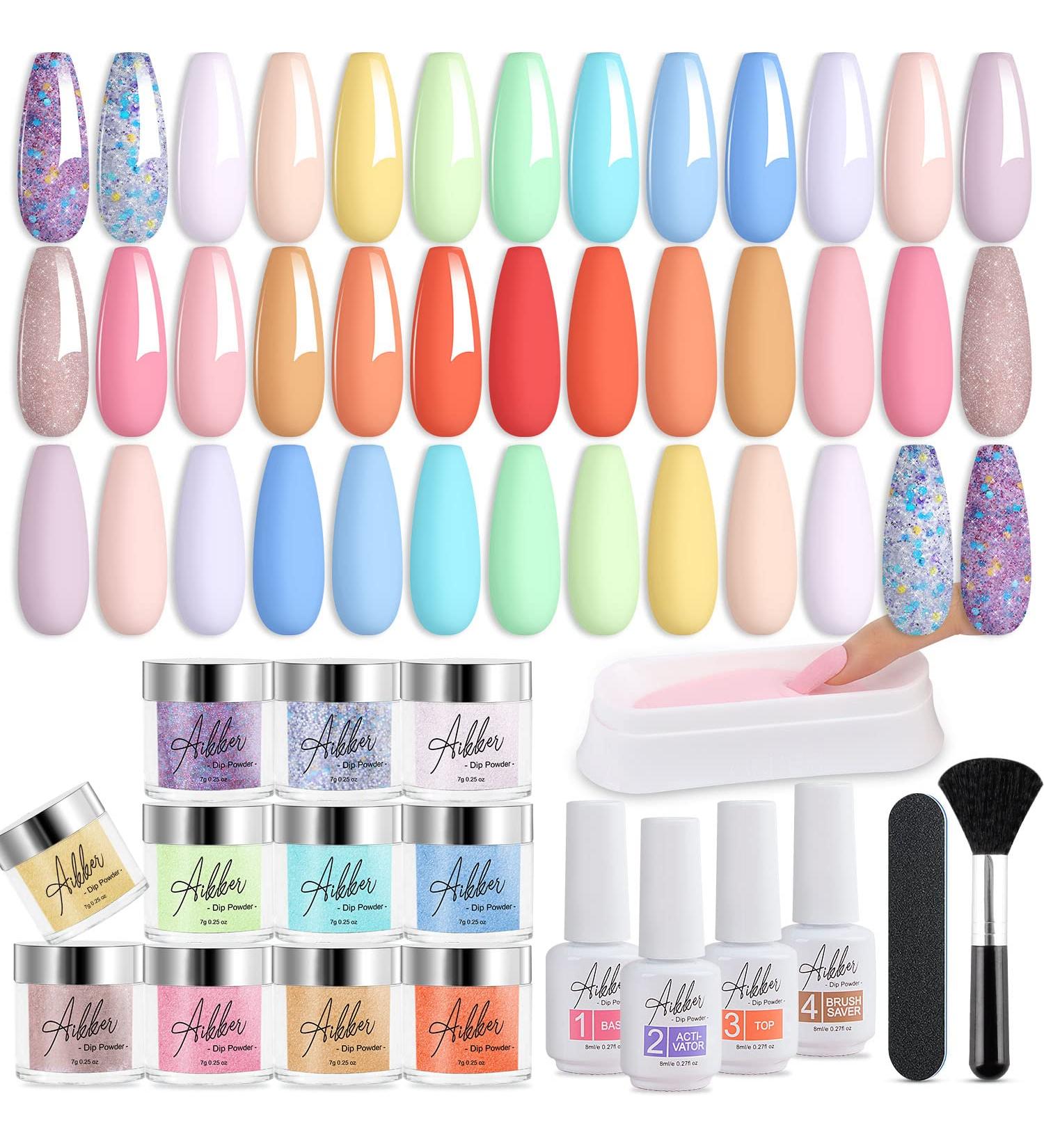 Aikker 27 Pcs Dip Powder Nail Kit - 20 Spring Colors Starter Set with Glitter Purple Pink Orange Acrylic Dipping Powder Liquid - Base Top Coat Activator Included - French Nail Art Manicure AK33 - Buy Online on GoSupps.com