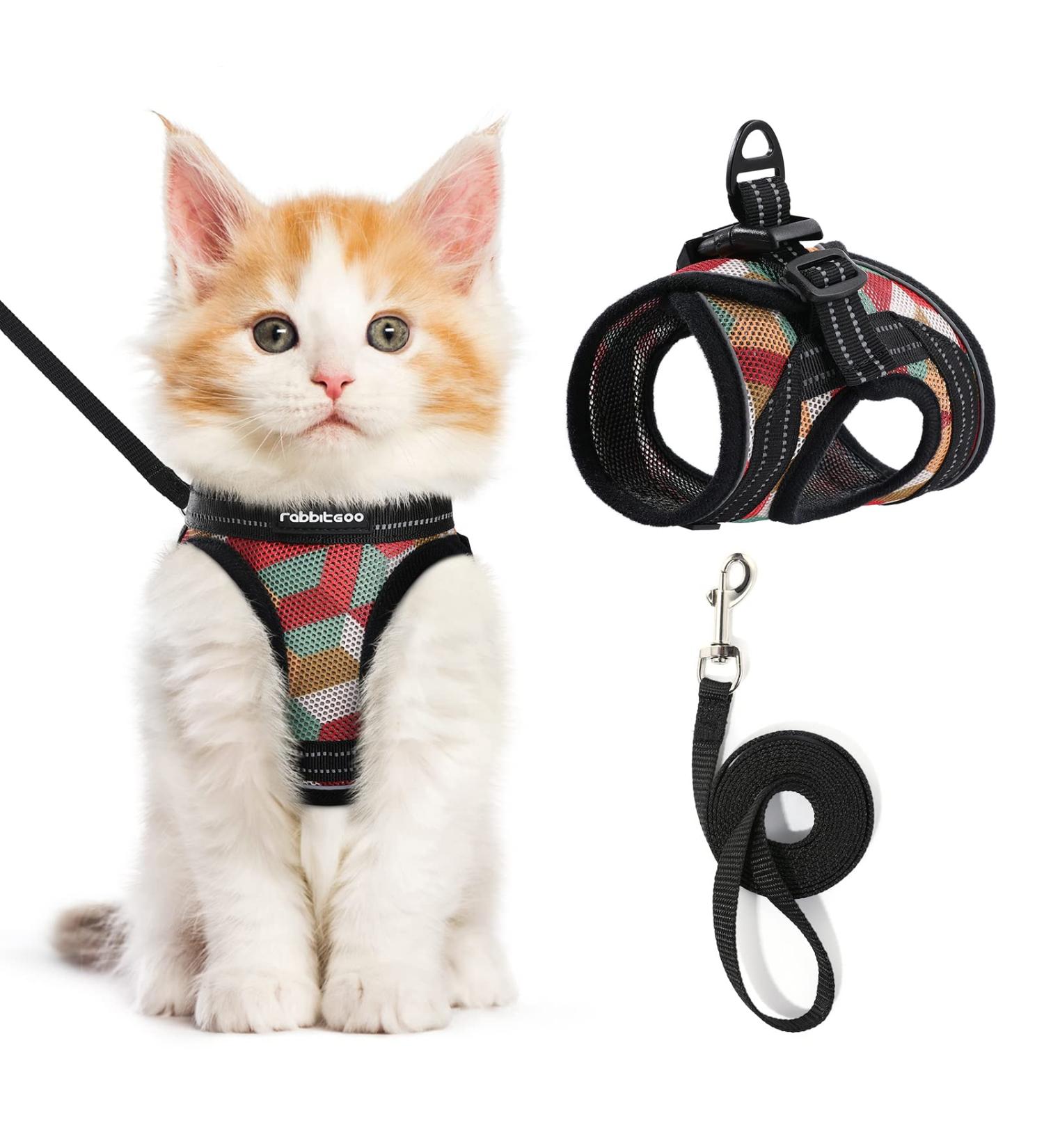 Rabbitgoo Kitten Harness and Leash Set - Escape Proof Walking Vest for Small Cats - Adjustable Outdoor Harness with Reflective Strips - Geometric Pattern Small Orange&Red - Buy Online on GoSupps.com