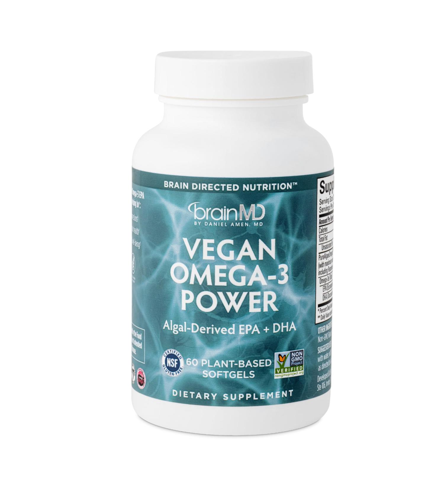BRAINMD Dr Amen Vegan Omega-3 Power - 60 Plant-Based Softgels - 1 100 mg of EPA & DHA - Supports Focus Memory & Heart Health - Vegan Gluten Free & Non-GMO - 30 Servings - Buy Online on GoSupps.com