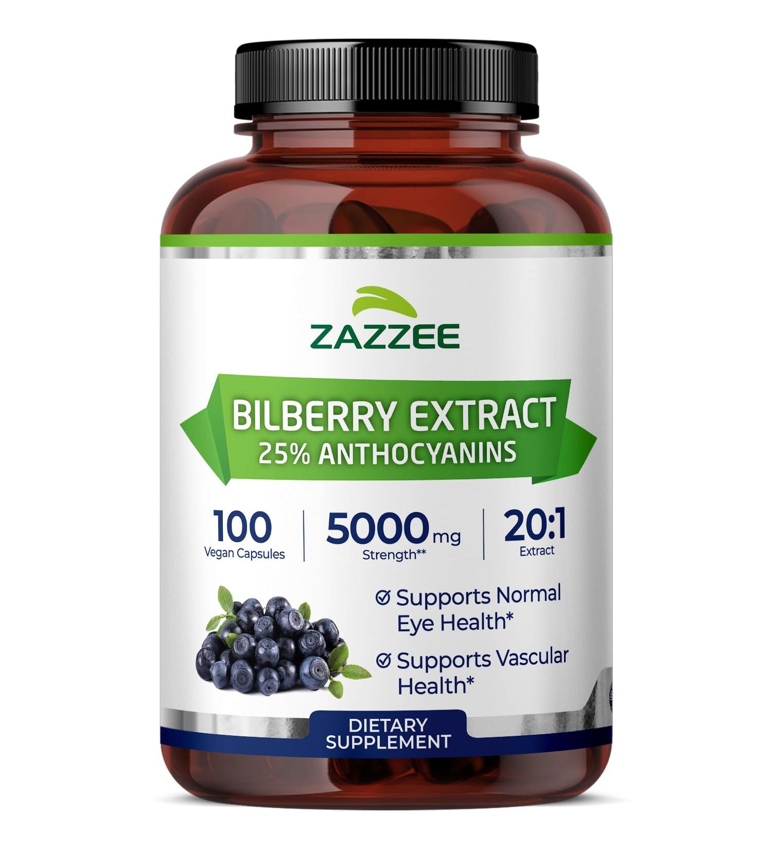 Zazzee Extra Strength Bilberry 20:1 Extract 25% Anthocyanins 5000 mg Strength 100 Vegan Capsules 3+ Month Supply Eye Health Support 20X Standardized Vaccinium Myrtillus Non-GMO Made in USA - Buy Online on GoSupps.com