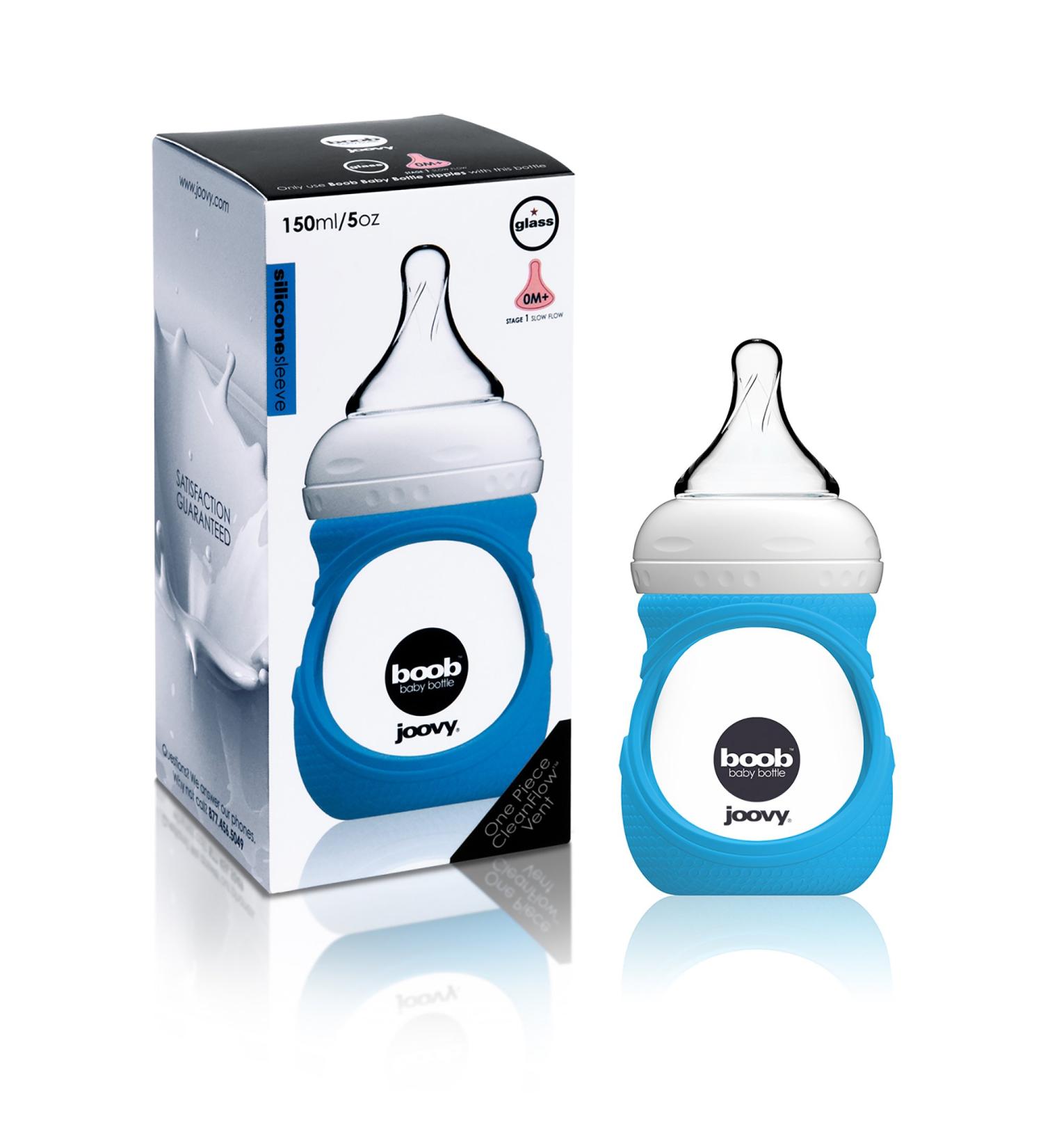 Joovy Boob Glass Bottle & Sleeve Blue 5 oz. - Durable Glass Feeding Bottle with Protective Sleeve - Buy Online on GoSupps.com