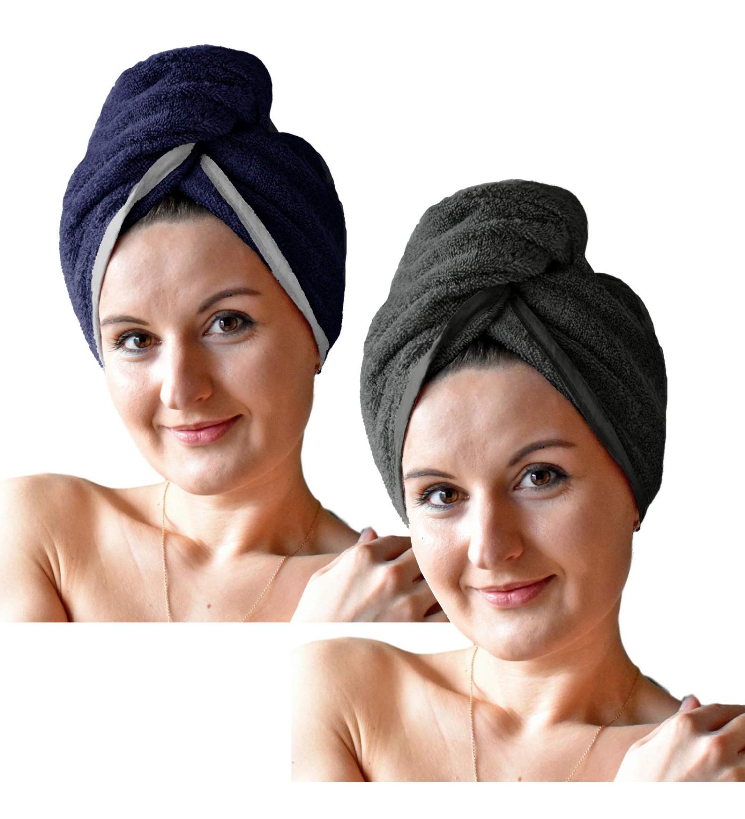 Homelevel 2x Terry Hair Turban with Button - 100% Cotton Quick Drying Hair Towels - Dark Blue & Light Gray - Perfect for Easy Hair Drying - Buy Online on GoSupps.com
